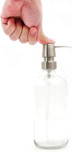 Miniatura 4 de Youngever Paquete de 3 botellas redondas Boston de vidrio transparente de 16 onzas con bombas de acero inoxidable, dispensadores de jabón de vidrio