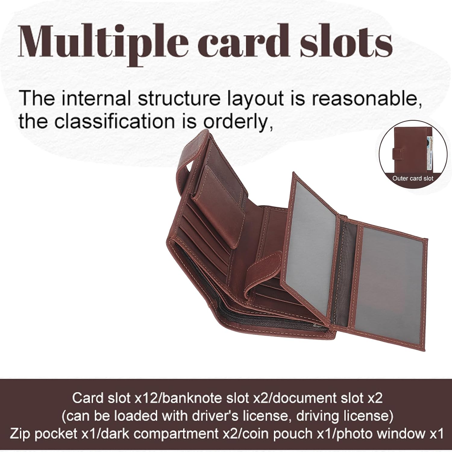 Men's RFID Blocking Leather Trifold Wallet, 12 Card Slots, 2 Bill Compartments, Coin Pouch, (Coffee) (Coffee)