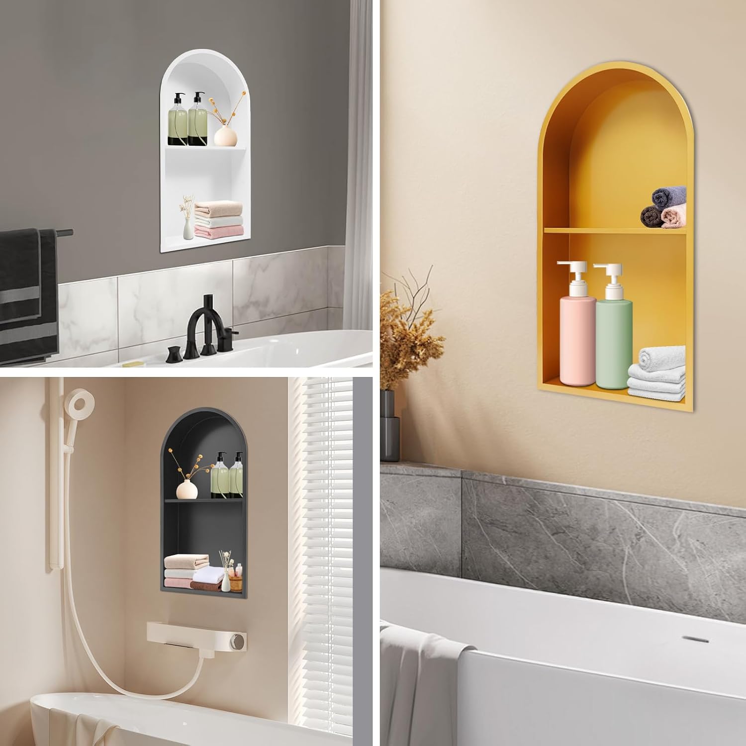 Stainless Steel Shower Niche 12" X 24", Recessed Wall Niche Arched for Shower Wall, No Tile Needed Bathroom Arched Niche Double Shelves Recessed Shower Shelf (White)