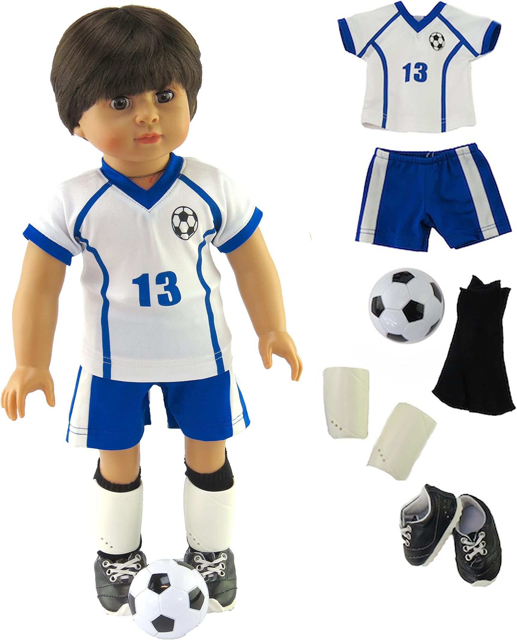 American Fashion World Blue and White Soccer Uniform for 18-Inch Dolls | Accessories Included | Premium Quality & Trendy Design | Dolls Clothes | Outfit Fashions for Dolls for Popular Brands