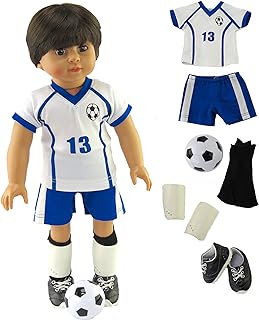 American Fashion Blue and White Soccer Uniform with Accessories made for 18 inch dolls