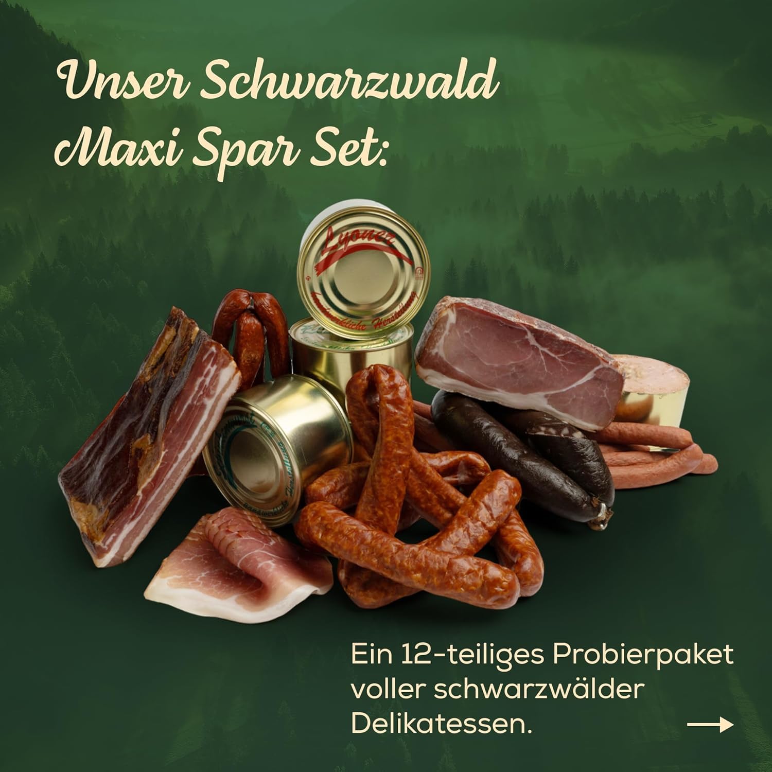 Schwarzwald Maxi Spar XXL Sortiment - 12-teiliges Set mit Dosenwurst, Bauernwurst, Schinken, Landjäger, scharfe Wurst - Paket für den Vorratsraum
