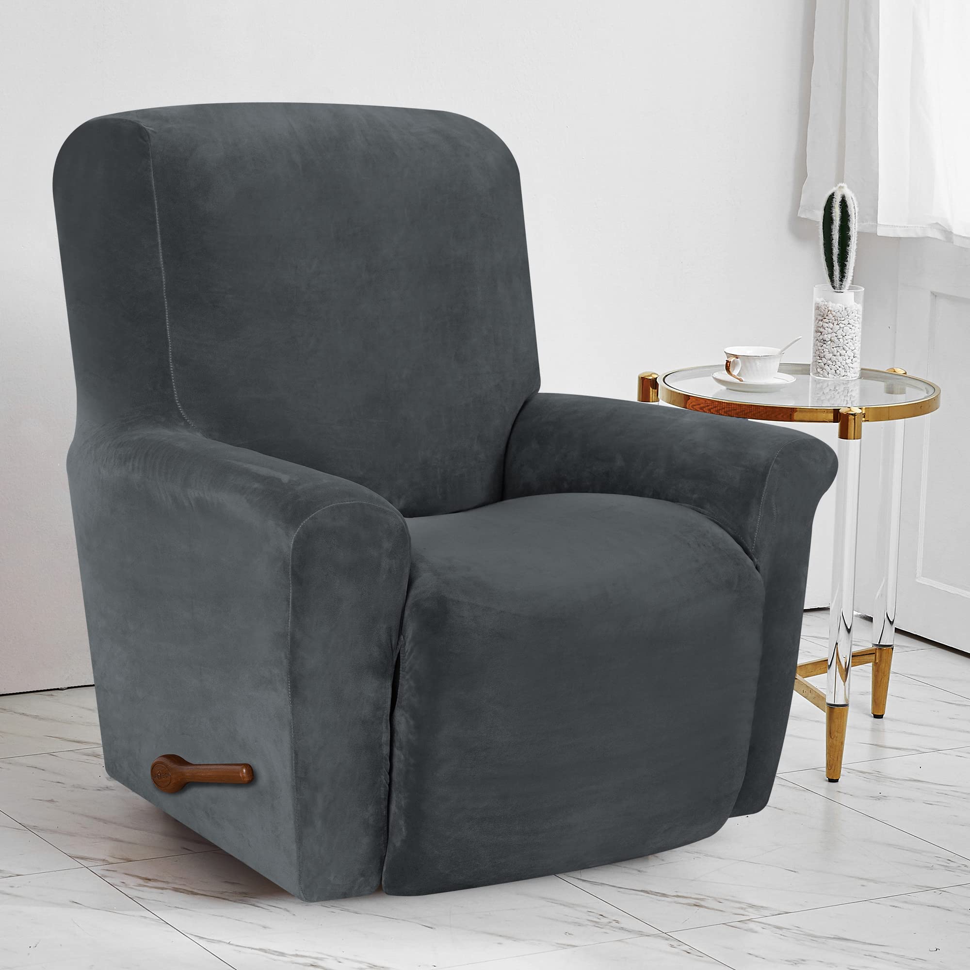 Pack de 4 Fundas de sillón Relax Extensible Terciopelo Suave, Antideslizante con Bolsillos para Brazos salón,Gris Oscuro