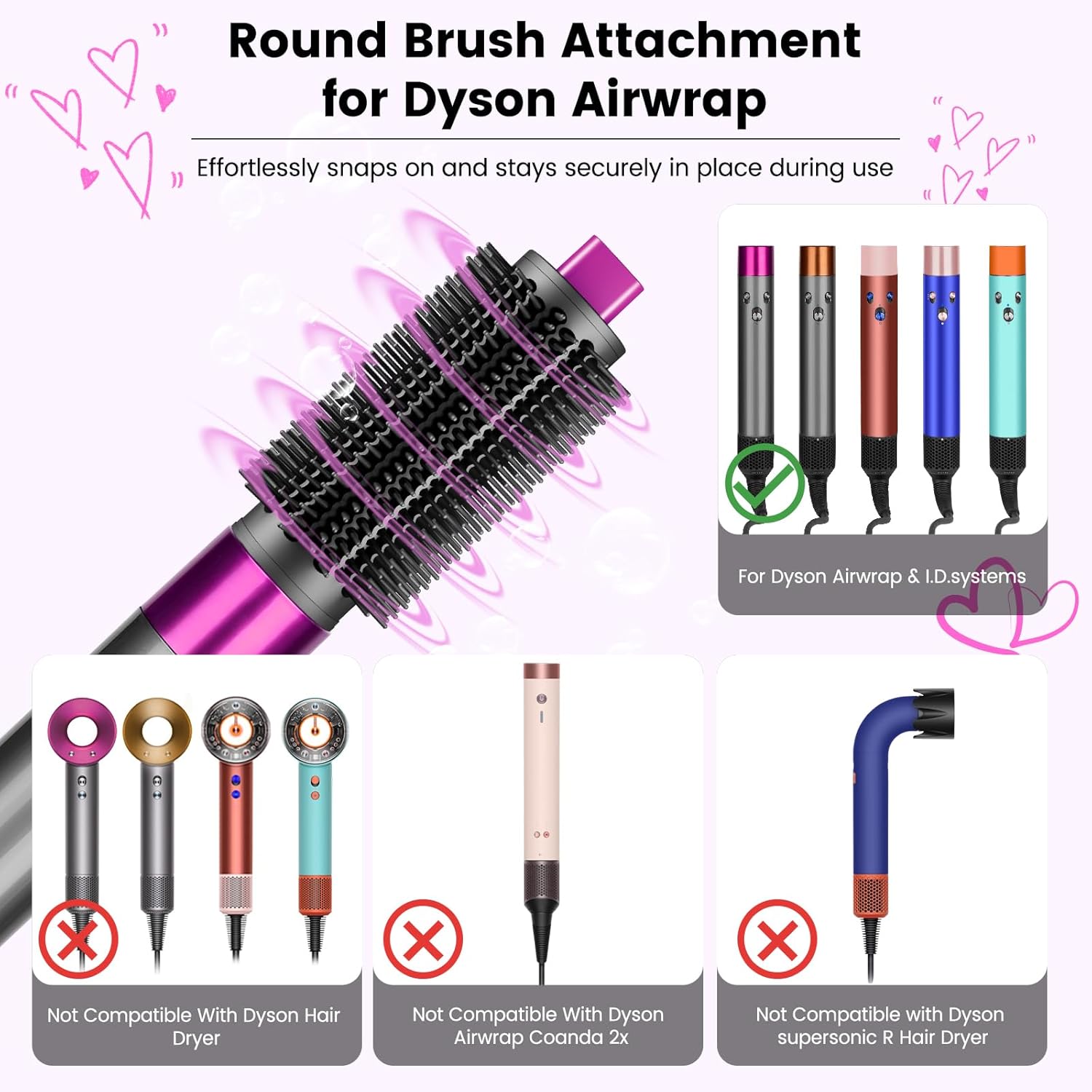 Upgraded 2.3inch Round Volumizing Brush Attachment Compatible with Dyson Airwrap HS01 HS05 HS08 Accessories, Upgraded Bristles for Dry Hair Add Volume Style Bangs Smooth Hair Rose - Image 4