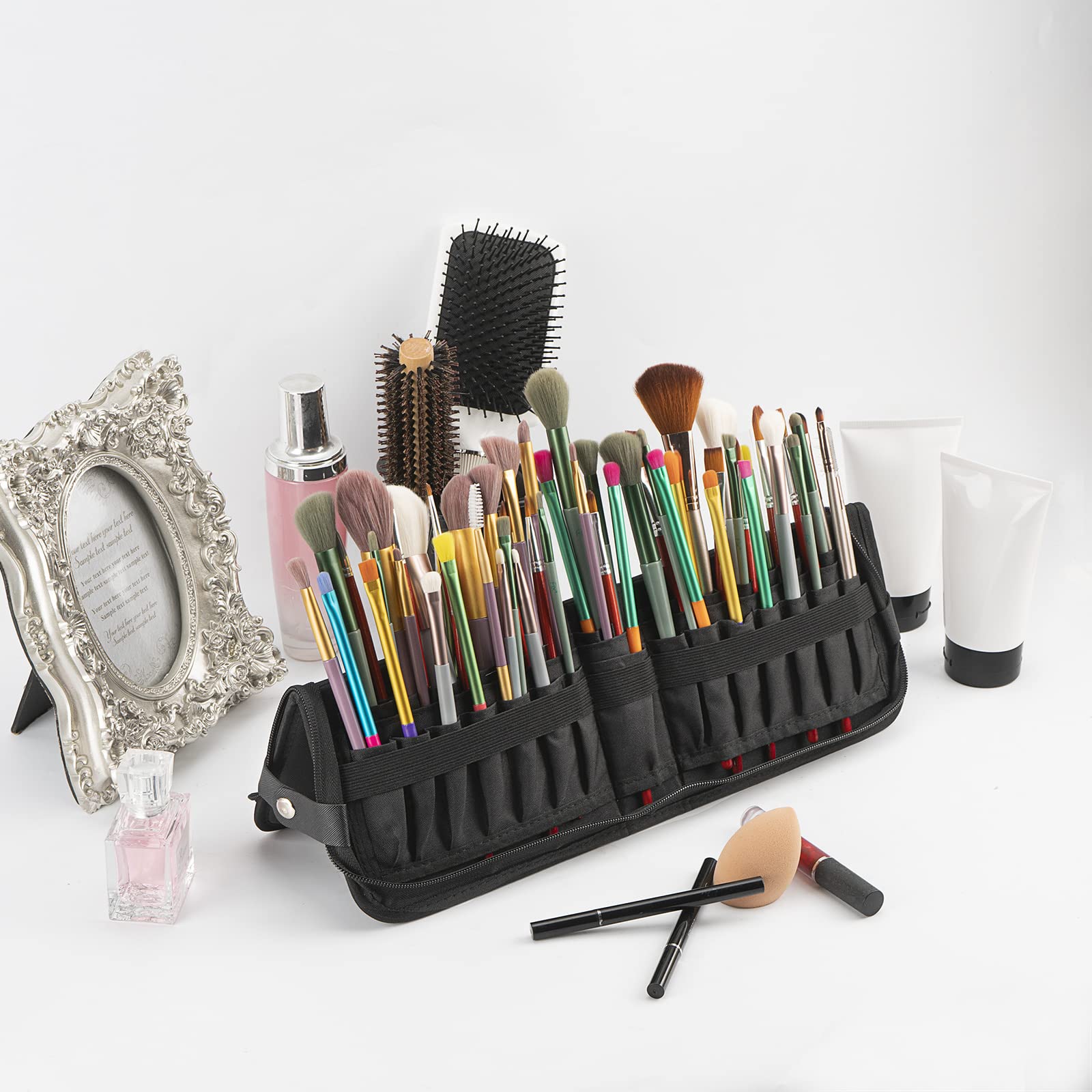 CAIRIAC Makeup Brush Organizer Bag Standing Makeup Brushes Holder Travel Case - Image 3