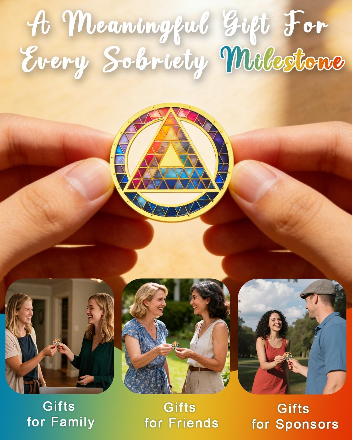 Colorful Triangle Sobriety Coin - Stained Glass Style AA Recovery Medallion, Sober Chip for Milestone Celebrations, Year Marker & Support Inspirational Sobriety Gifts for Men & Women