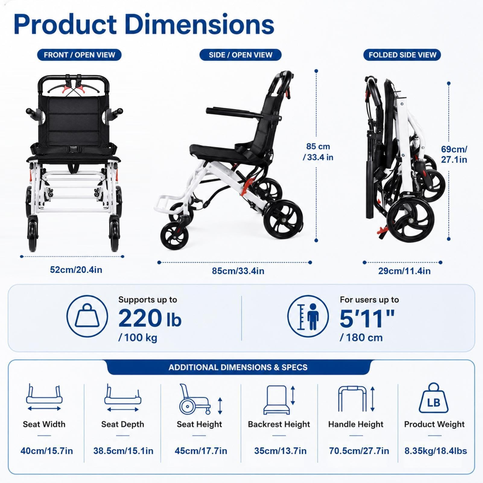 Silla de ruedas ultraligera 8,2 kg plegable – Silla de ruedas portátil para personas mayores, adultos y discapacitados, silla de ruedas de viaje con freno de mano, soporta 100 kg, ayuda para la