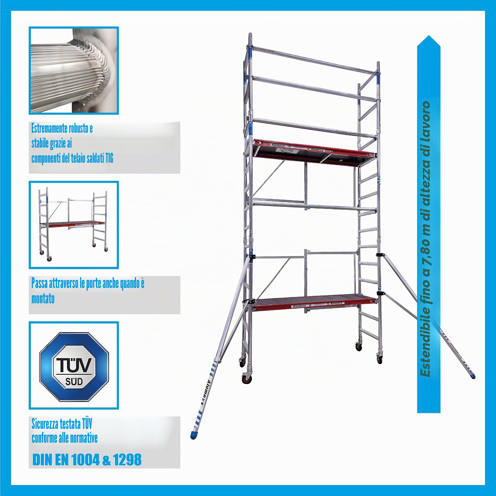 Alumexx Red-Line Trabattello Tipo A (Altezza di lavoro 3 metri) – Trabattello in alluminio pieghevole – Trabattello da interno – Piccolo trabattello – Trabattello da giardino