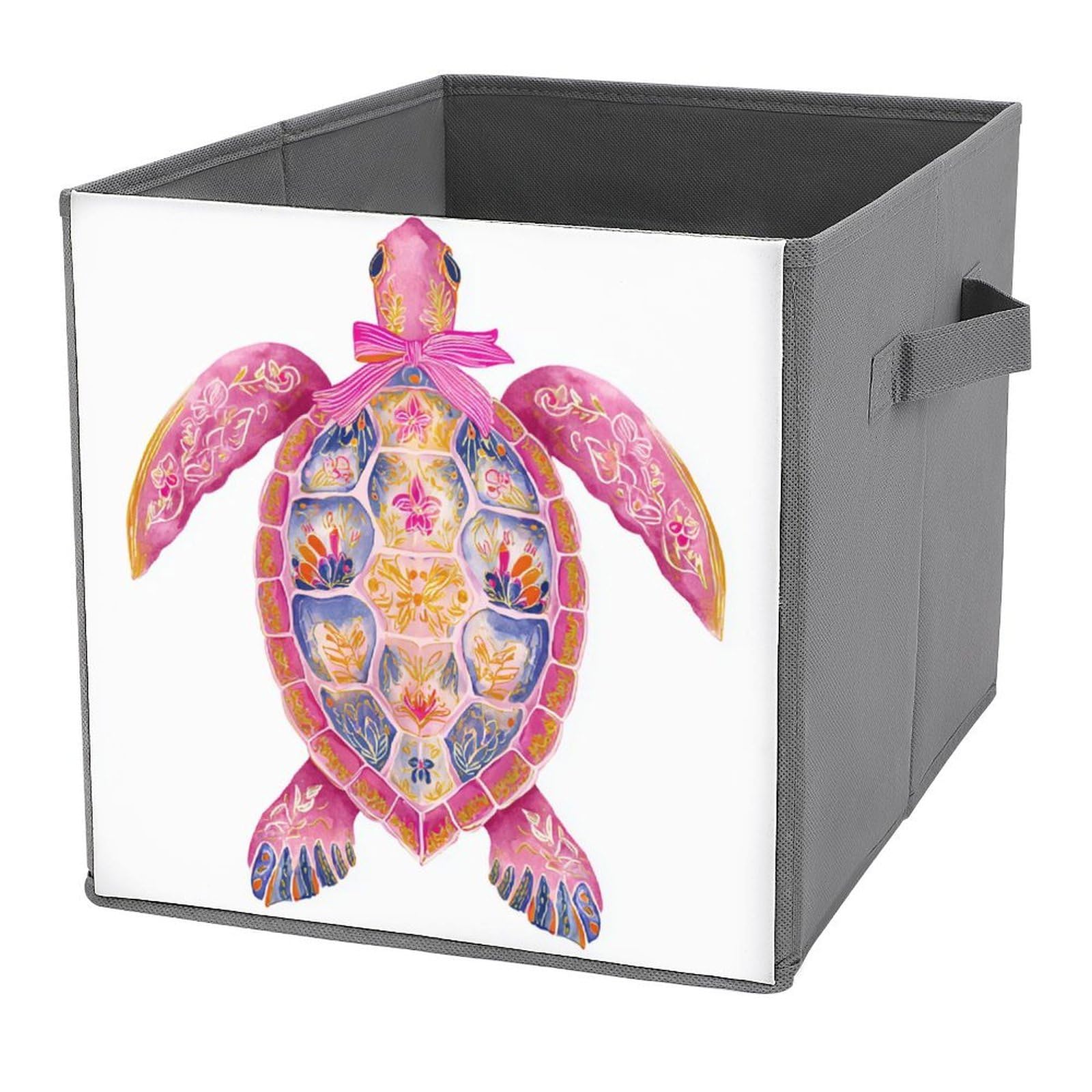 Jubonexis Preppy Pink Sea Turtle Floral Pattern Cube Storage Bins Storage Cubes Foldable Decorative Fabric Storage Baskets Home Organizers with Handles for Shelves,Closet, 27x27 CM