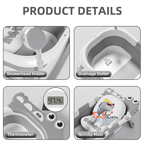 Miniatura 4 de Bañera plegable para bebé recién nacido, bañera plegable para bebé con termómetro y cojín flotante suave y orificio de drenaje, bañera portátil de