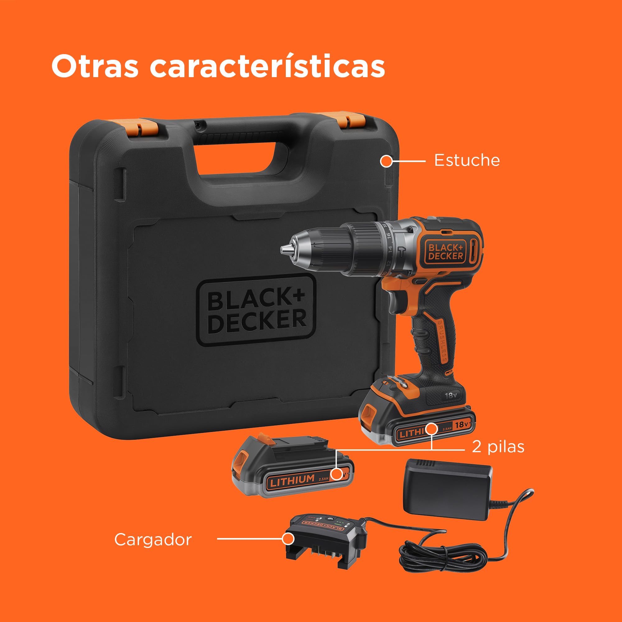 BLACK+DECKER Taladro percutor inalámbrico de 18V con 2 baterías de 2,5Ah, velocidad variable, 2 engranajes, 52Nm de par, POWERCONNECT, BL188E2K-QW