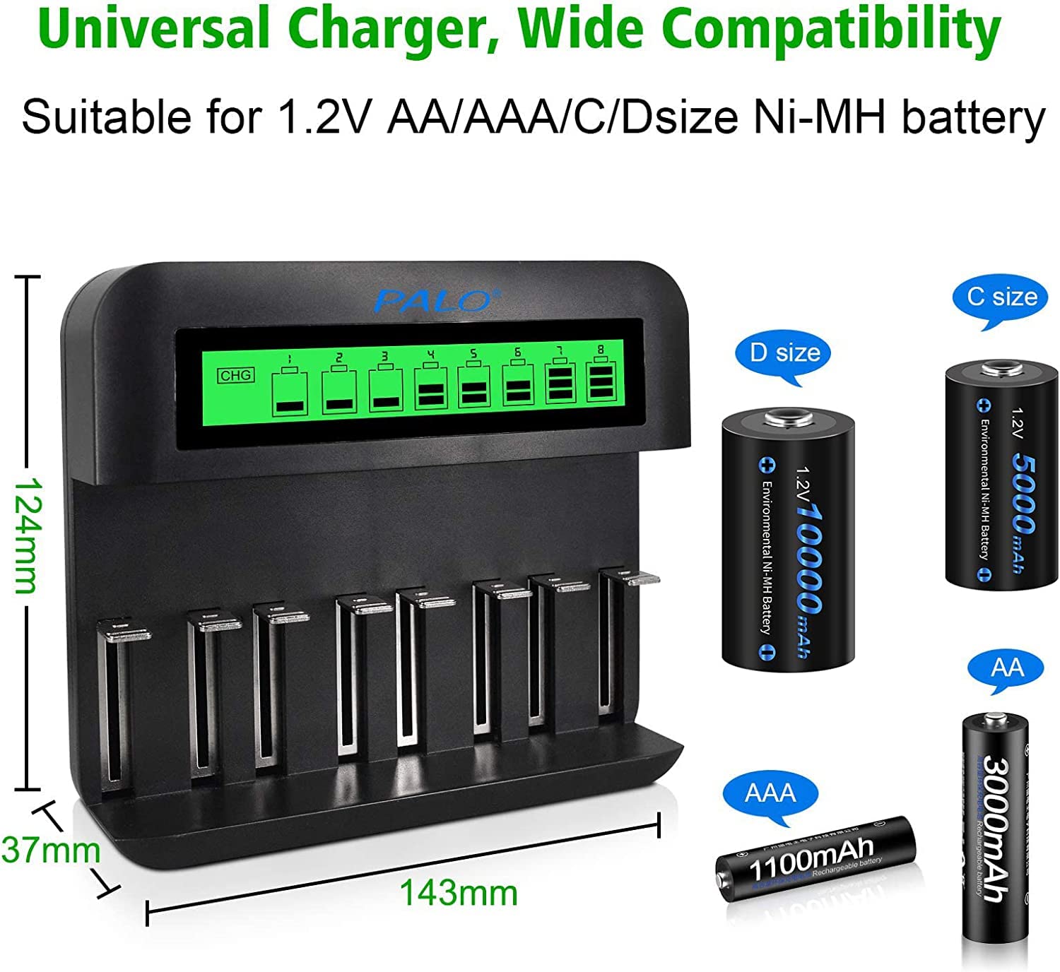 CITYORK Cargador de batería universal LCD, para baterías 8 AA/AAA o 4 C/D, canal de carga independiente por cargador rápido, con 4 pilas D de 10000 mAh