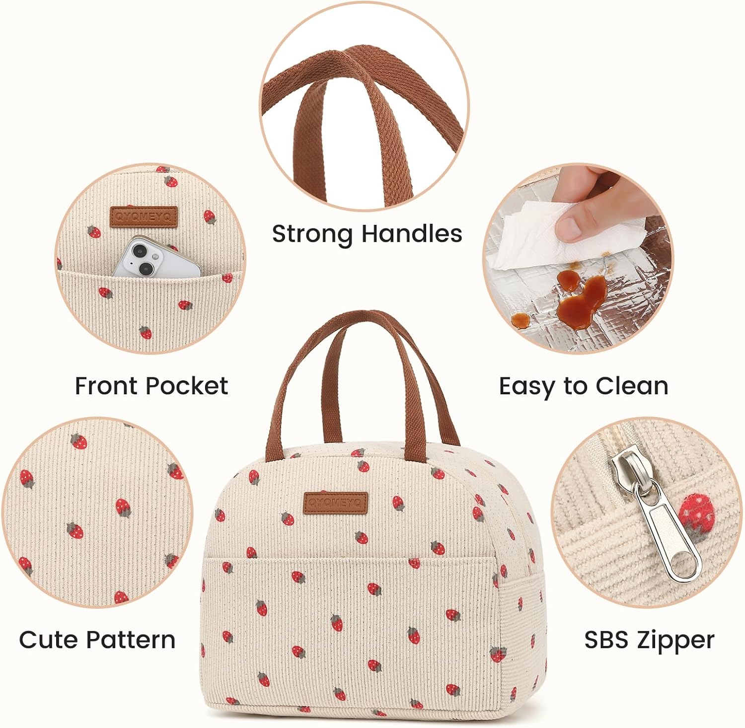 Lunch Bag for Women Men, Reusable Lunch Box, Insulated Lunch Pail bag with Large Capacity, Cooler Lunch Container for Work Travel Office Picnic (Strawberry beige) image 5