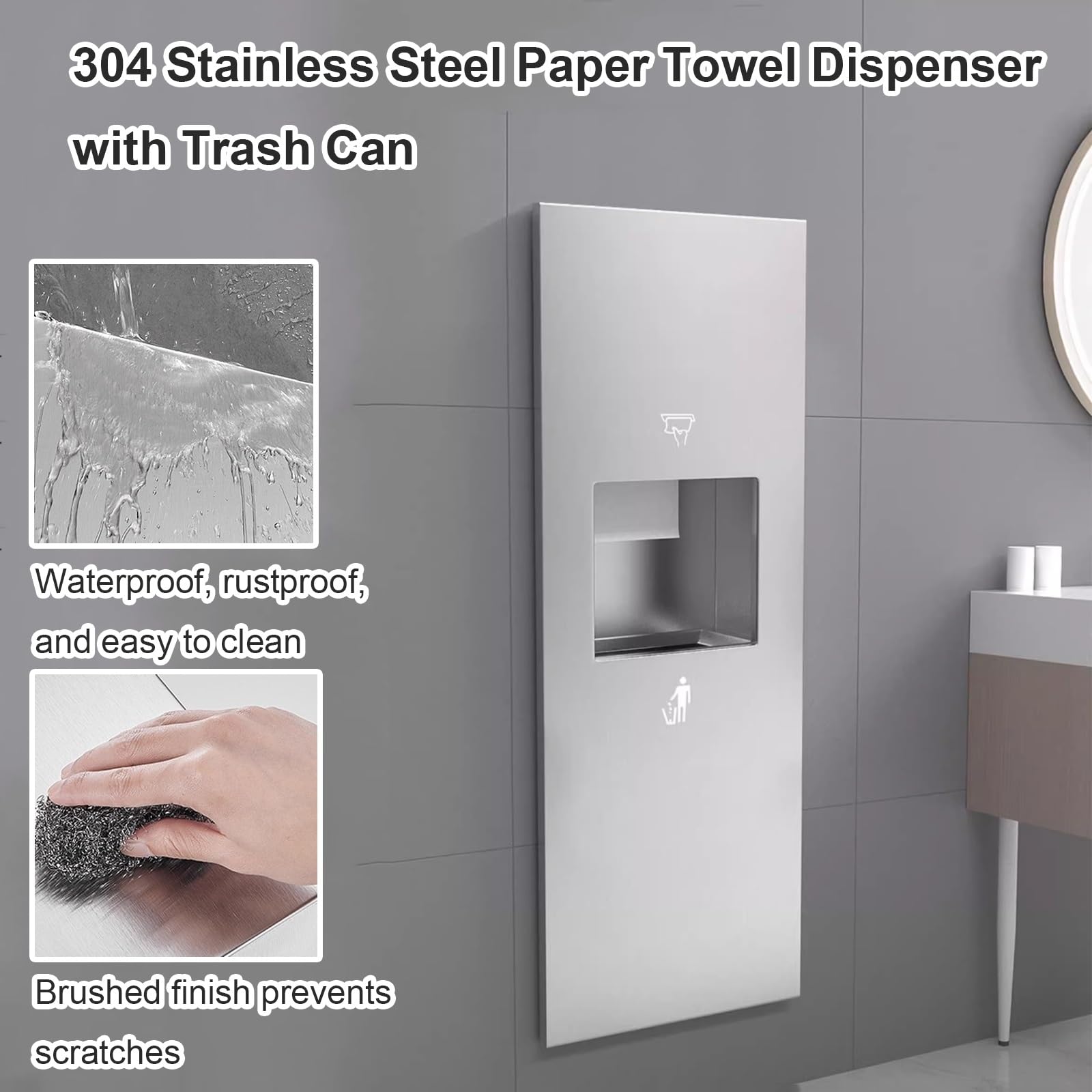 Dispensador Papel Secamanos Empotrado en Acero Inoxidable 304 con Cubo Basura, Dispensador de Papel de Manos, Cubo Basura Cocina, Ideal para Baños Alto Tránsito(Silver,750x310x150mm)