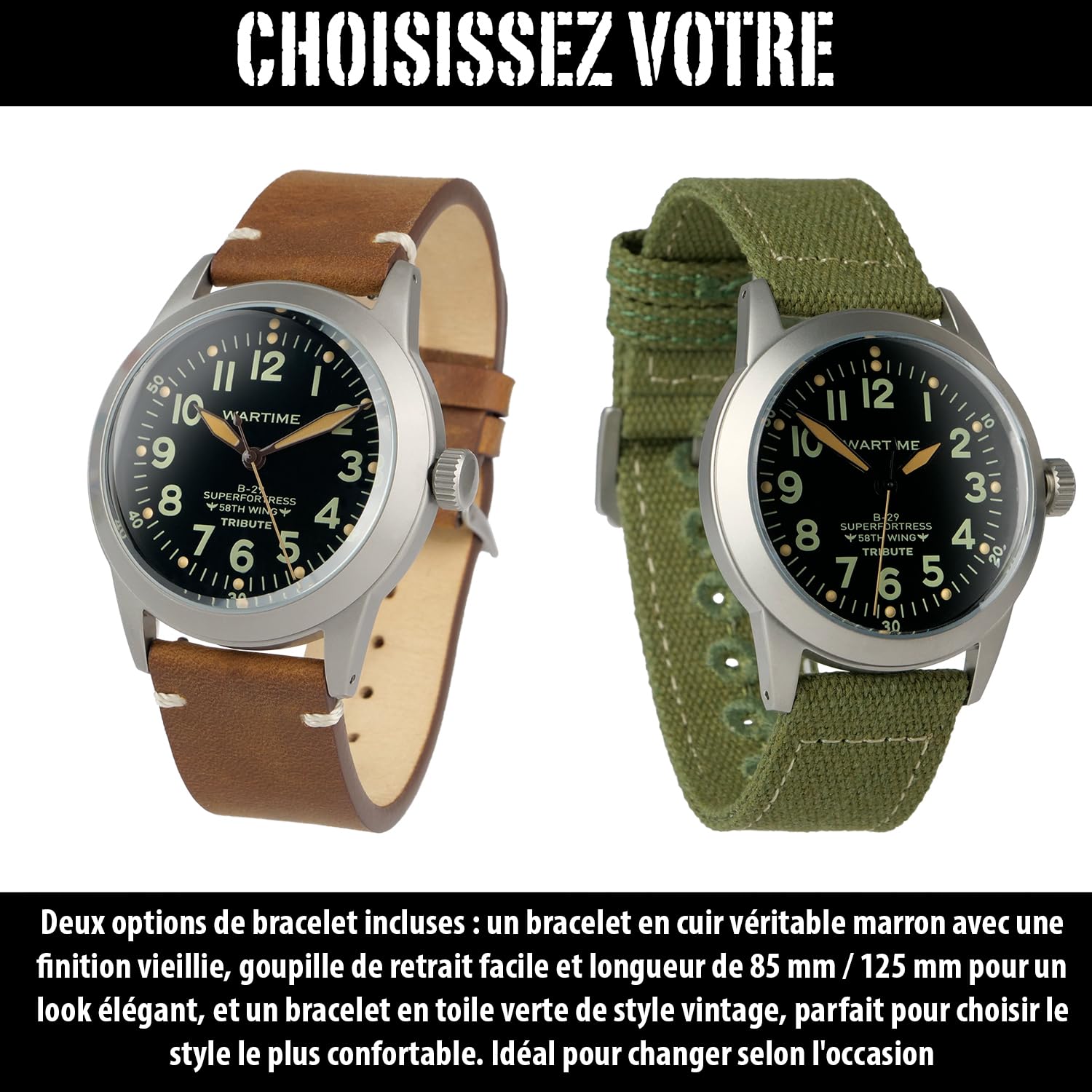 WARTIME | Montre Aviateur Militaire Inspirée des Montres USAAF A-11 "La montre qui a gagné la Seconde Guerre mondiale" - Mouvement Quartz Suisse - Édition Vintage avec Deux Bracelets