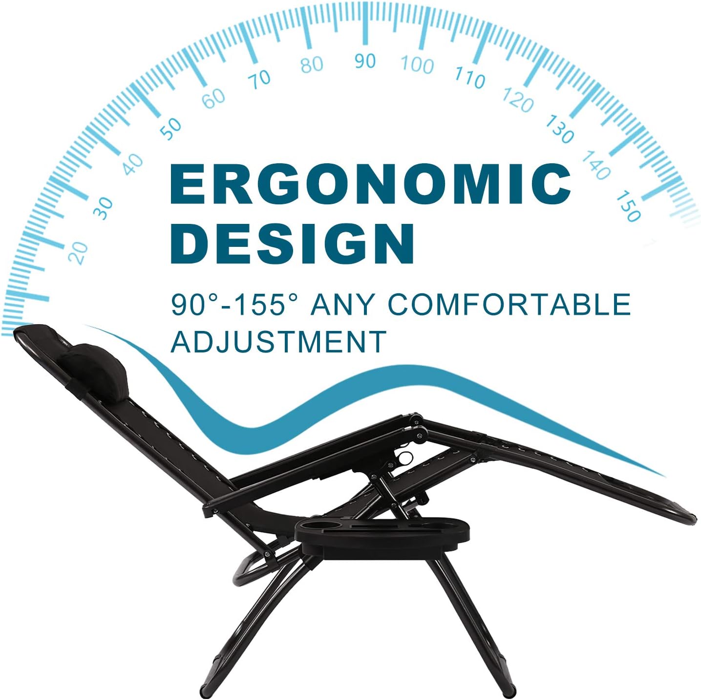 HCY Zero Gravity Chairs Outdoor Adjustable Recliner Chair Folding Lounge Patio Chairs with Cup Holder Pillows Set of 2 for Beach, Yard, Lawn, Camp（Black）