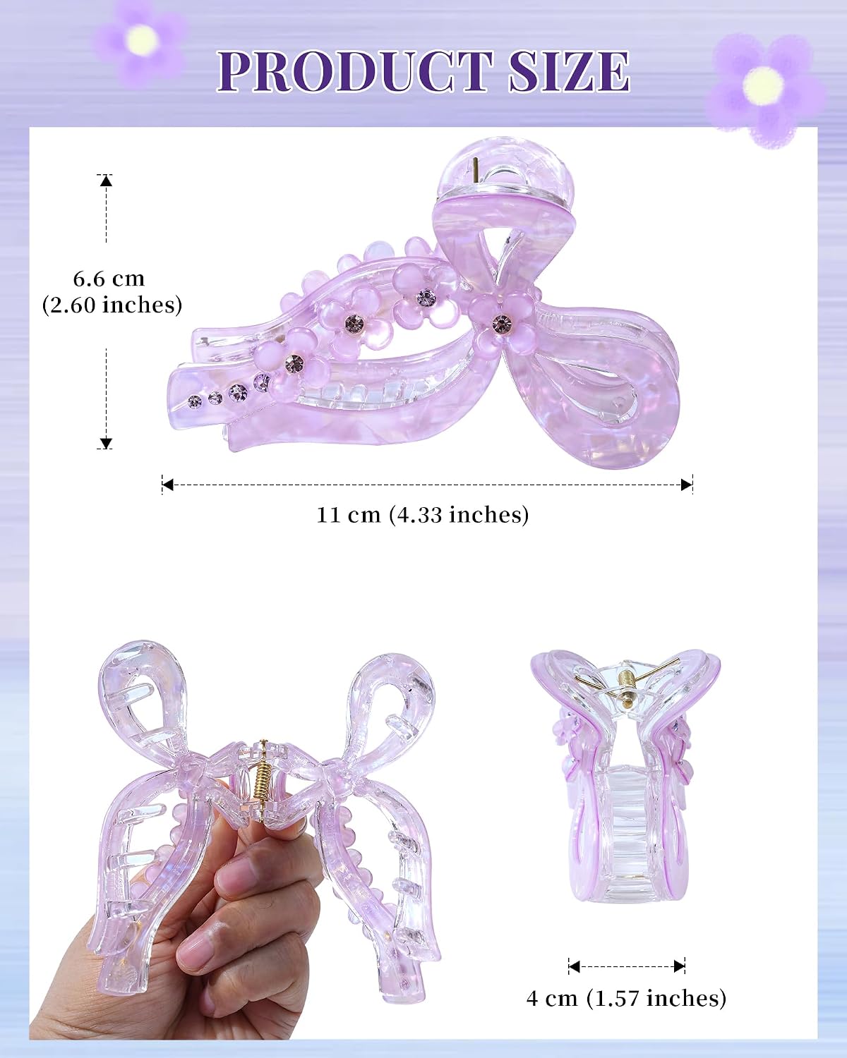 ACECHA 2 Pack Glitter Bow Claw Clip for Women - Cute Hair Bows Clips with Rhinestones and Flowers, Elegant Sparkly Wedding Party Hair Barrettes Accessories (Purple & White)