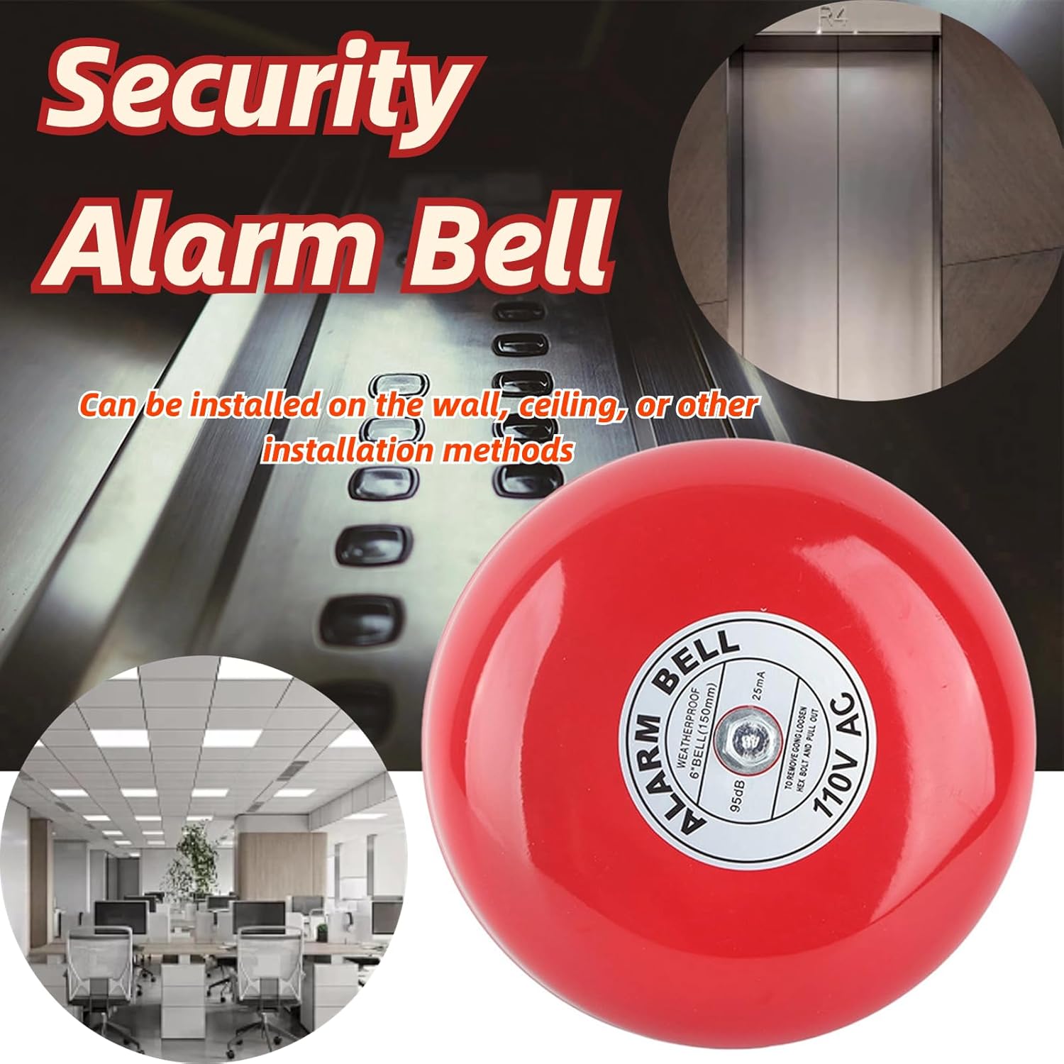 Fire Alarm Bell, Fire Alarms, 110V Metal Alarm Bell, CB‑6B 95dB Metal Electric Round Alarm Bell, Security Alarm Bell, for School Elevators Industrial