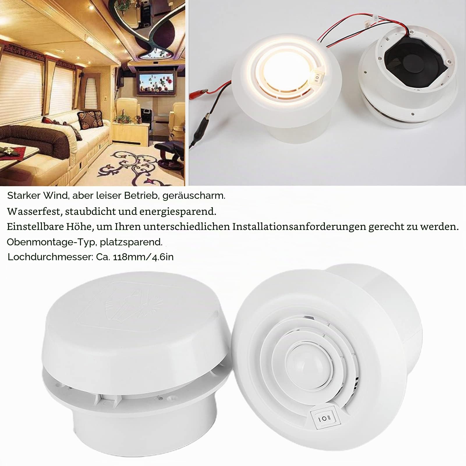 Aramox 12V RV-Ventilator mit LED, 4000 U/min, passend für Wohnmobile und höhenverstellbar
