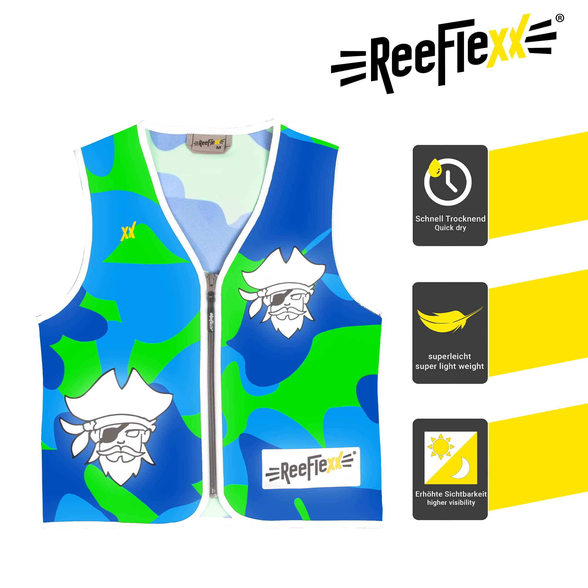 REEFLEXX Coole Kinder Warnweste inkl. Größen-Adapter, reflektierende Weste, erhöhte Sichtbarkeit im Straßenverkehr durch Reflektoren, Farben und Muster - Größe S, M und L