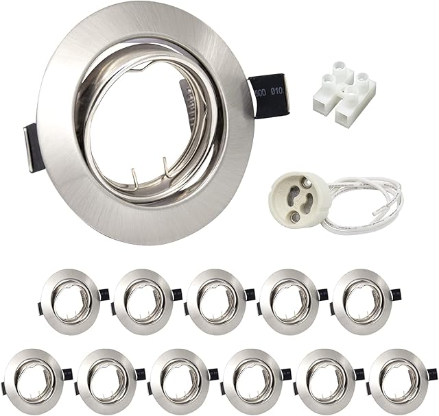 Wondlumi Recessed Light Fittings for Ceiling Round Brushed Chrome Frame for Spot Lights 30° Tilt Adjustable Downlight with GU10 Lamp Holder,12 Pack