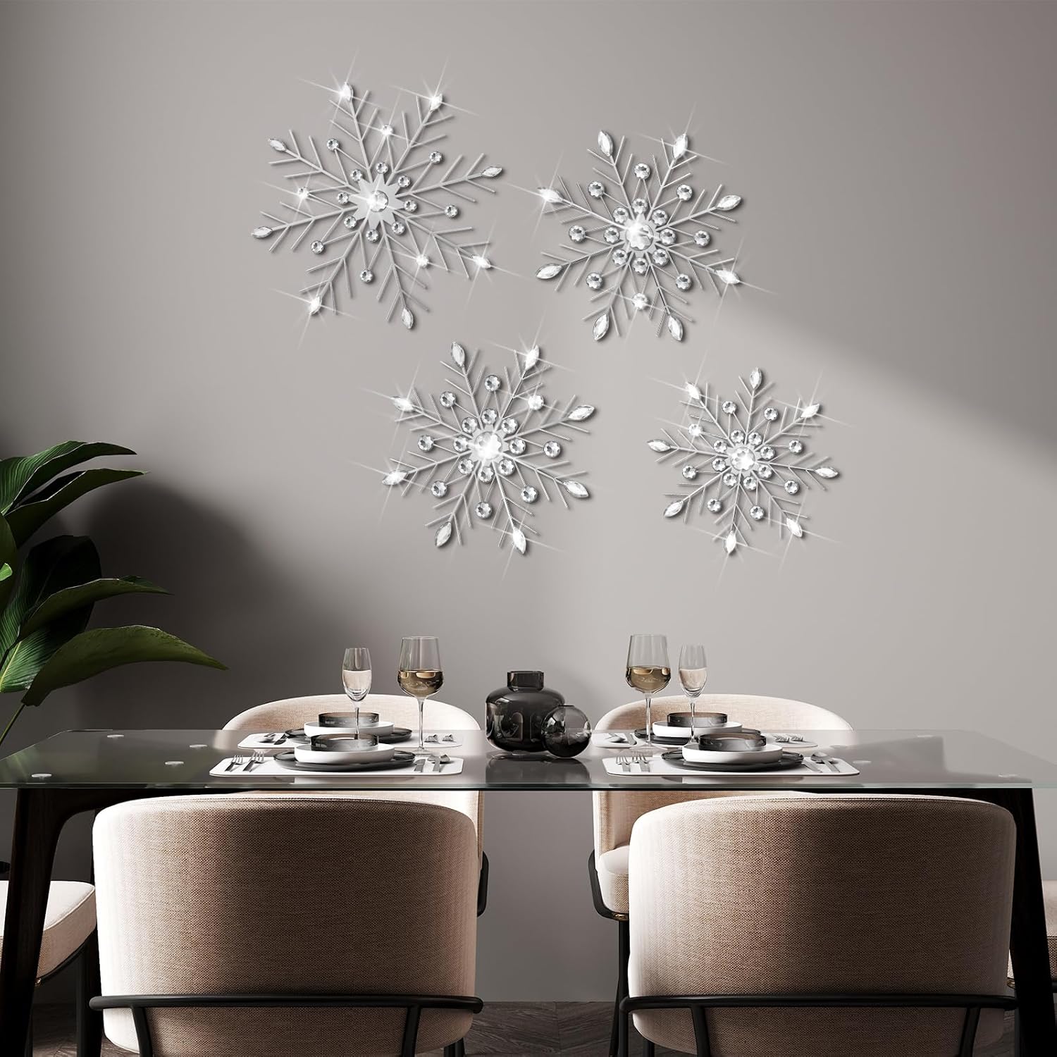 Hicarer 4 Pcs 12" 10" 8" Snowflake Metal Wall Art Rhinestones 3D Decor Christmas Silver Hanging Metal Artwork Wall Decor Glitter Crafts Snowflake Decorations for Living Room (Transparent White)