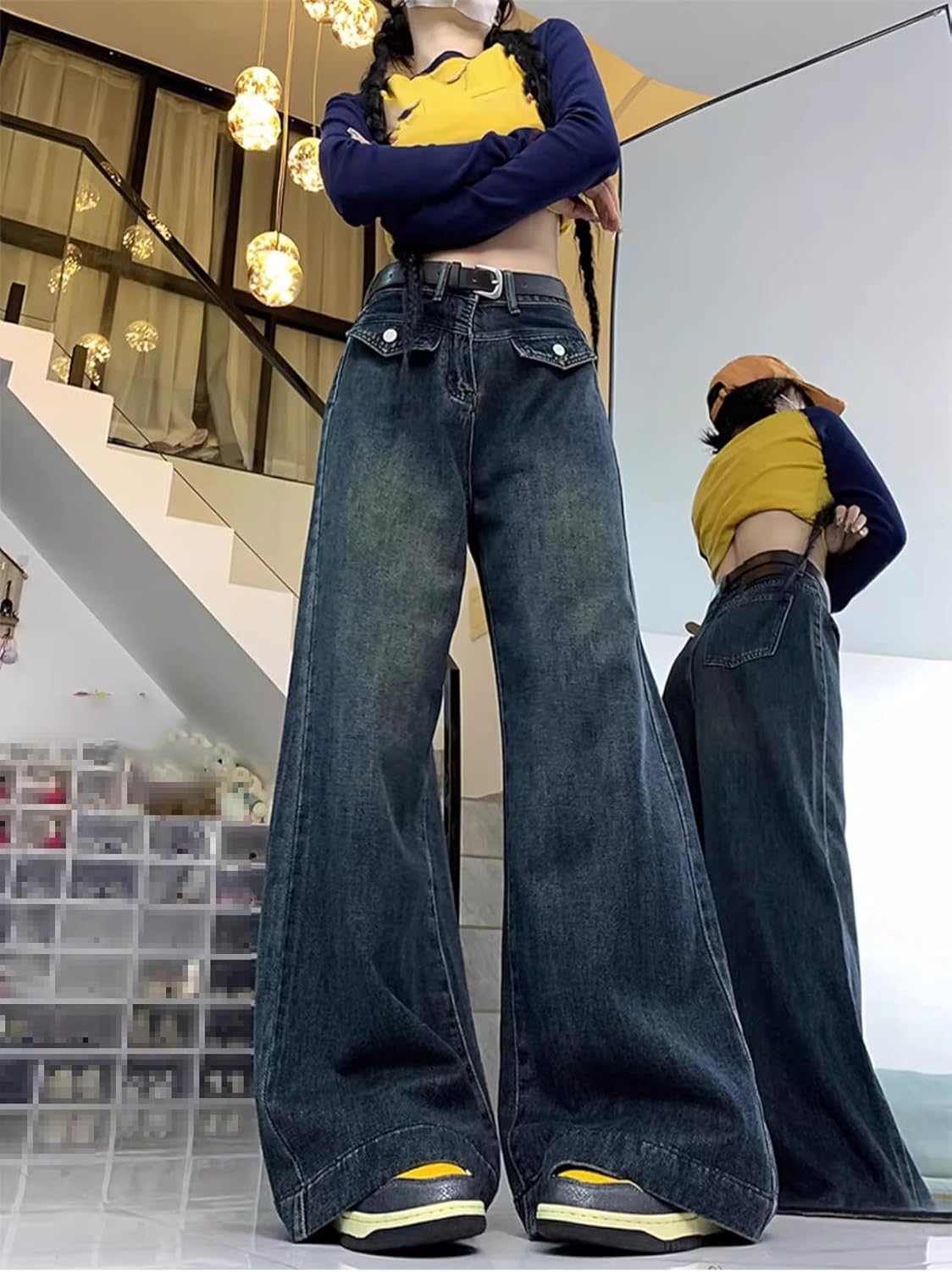 Large Size Retro Straight Jeans for Women in Spring and Autumn Design Waist Slim Loose Floor Pants