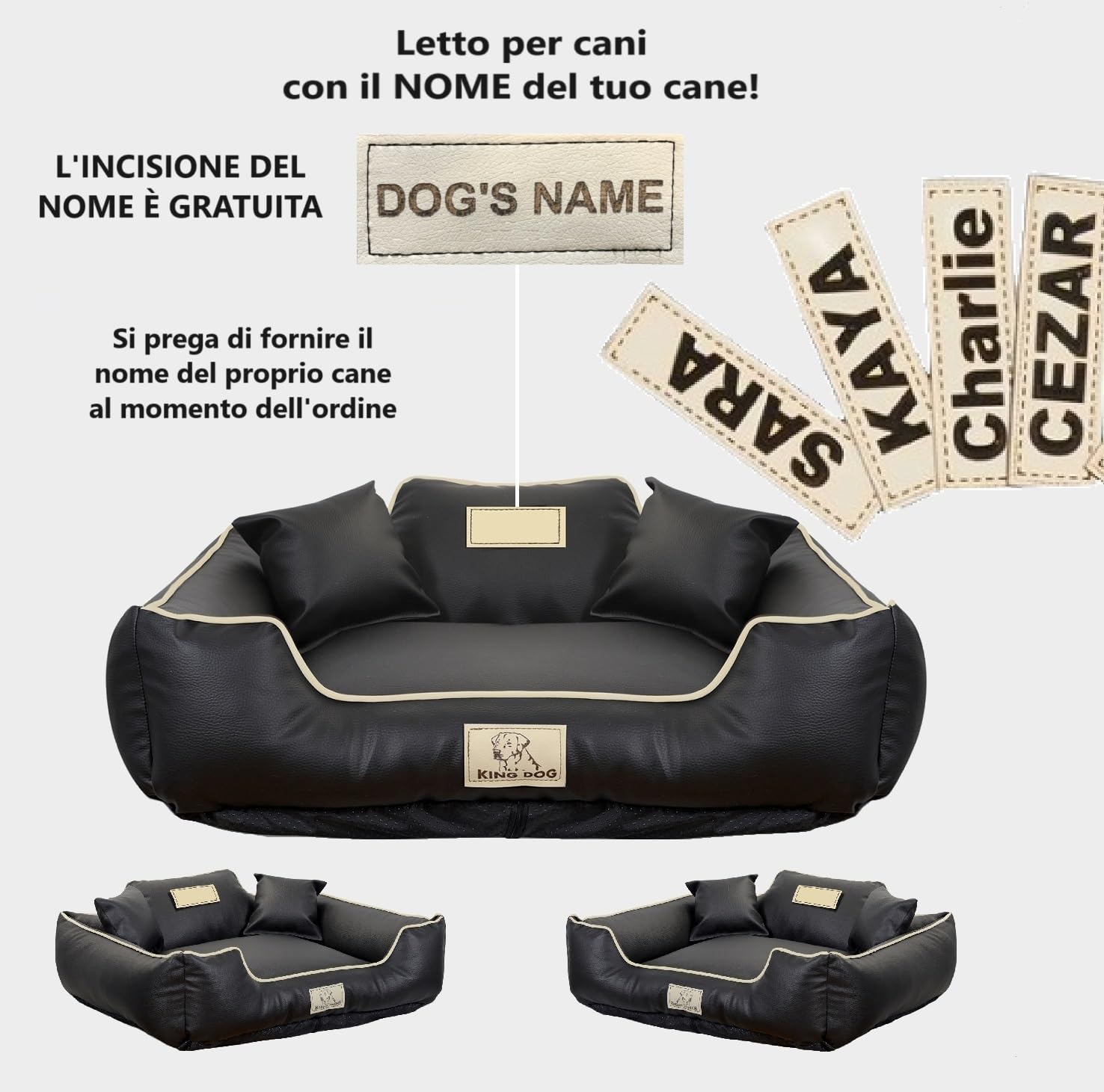 Letto per Cani Medio Taglia M 75x65 cm | Personalizzazione - Nome del Cane | Copertura Rimovibile e Lavabile | Divano per Cani Adatto al Lavaggio | Base antiscivolo | Cuccia Cane Interno Nero