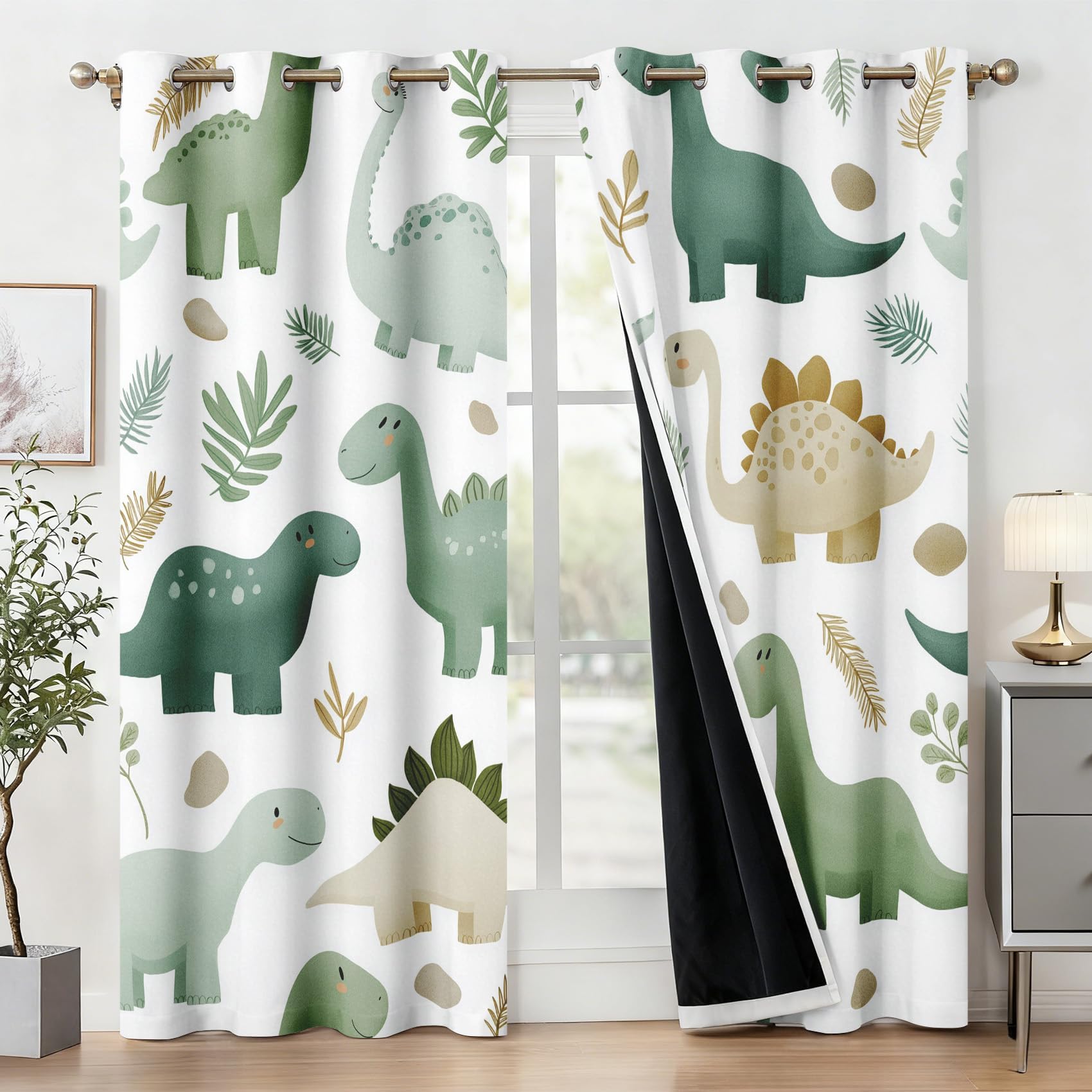 Rideau Dinosaures 70x200cm(LxH) Rideau Occultants Thermiques Motif Animaux Dessin Animé pour Chambre d'enfant (Garçons, Filles, Bébés), Lot De 2 Draperies Intérieurs à Oeillets