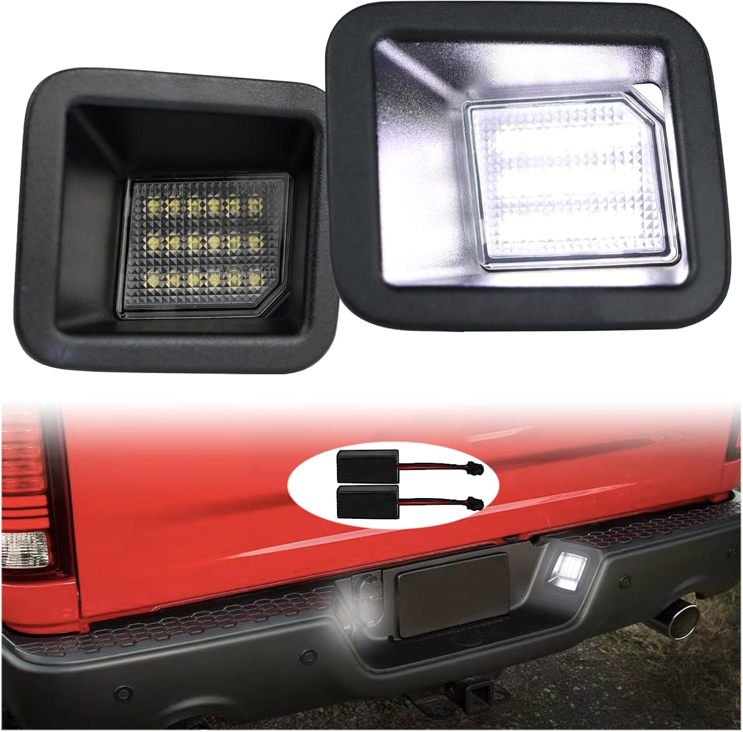 Full LED License Plate Light Tag Lamp Assembly Compatible with Dodge Ram 1500 Truck 2019 2020 2021 2022 2023 White light 2-Pieces Rear Bumper Tag Lamp Accessories