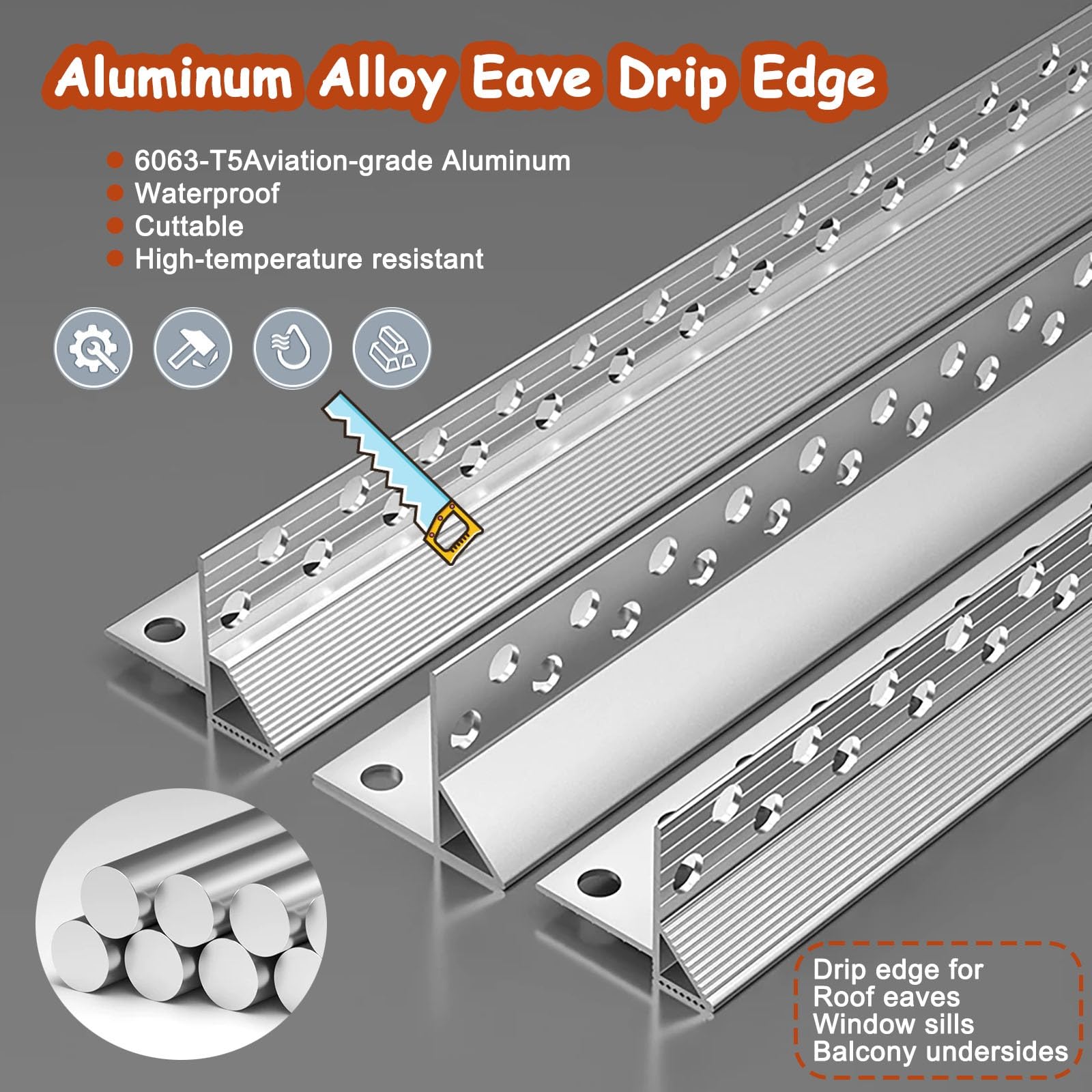 Tropfkante Außen-Aluminium-Dach-Tropfkantenprofil, Eaves-Unterseite Wasserführungsleiste, Balkon- und Fenster-Regenabweiser-System, einfach zu installieren