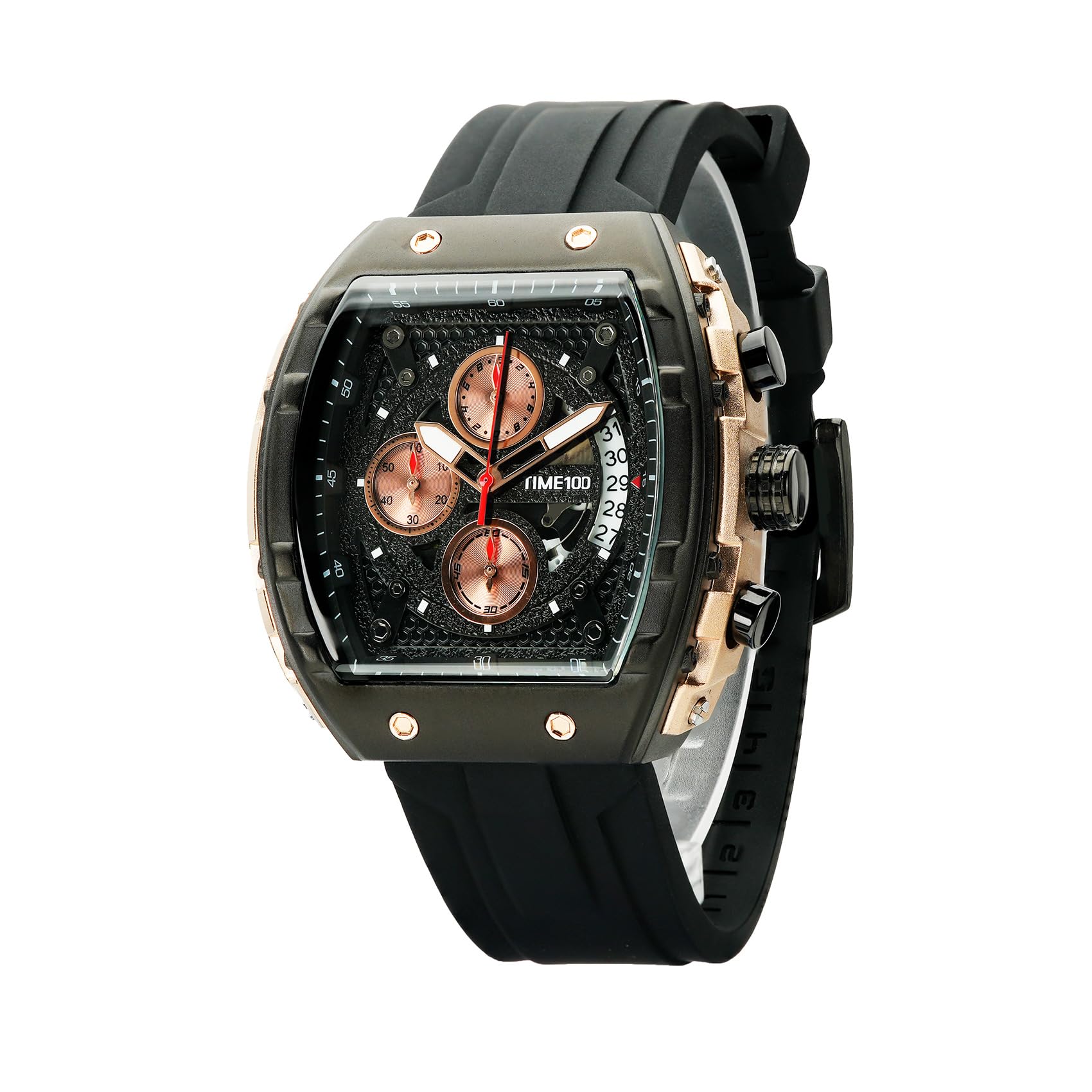 TIME100 Zegarek dla mężczyzn Chronograf Kalendarz Kwadratowa Twarz Świecący Styl Punkowy Wielofunkcyjny Pod-Tarcza Męski Szkielet Tonneau Zegarek Regulowany Silikonowy Pasek, Czarne i różowe złoto,
