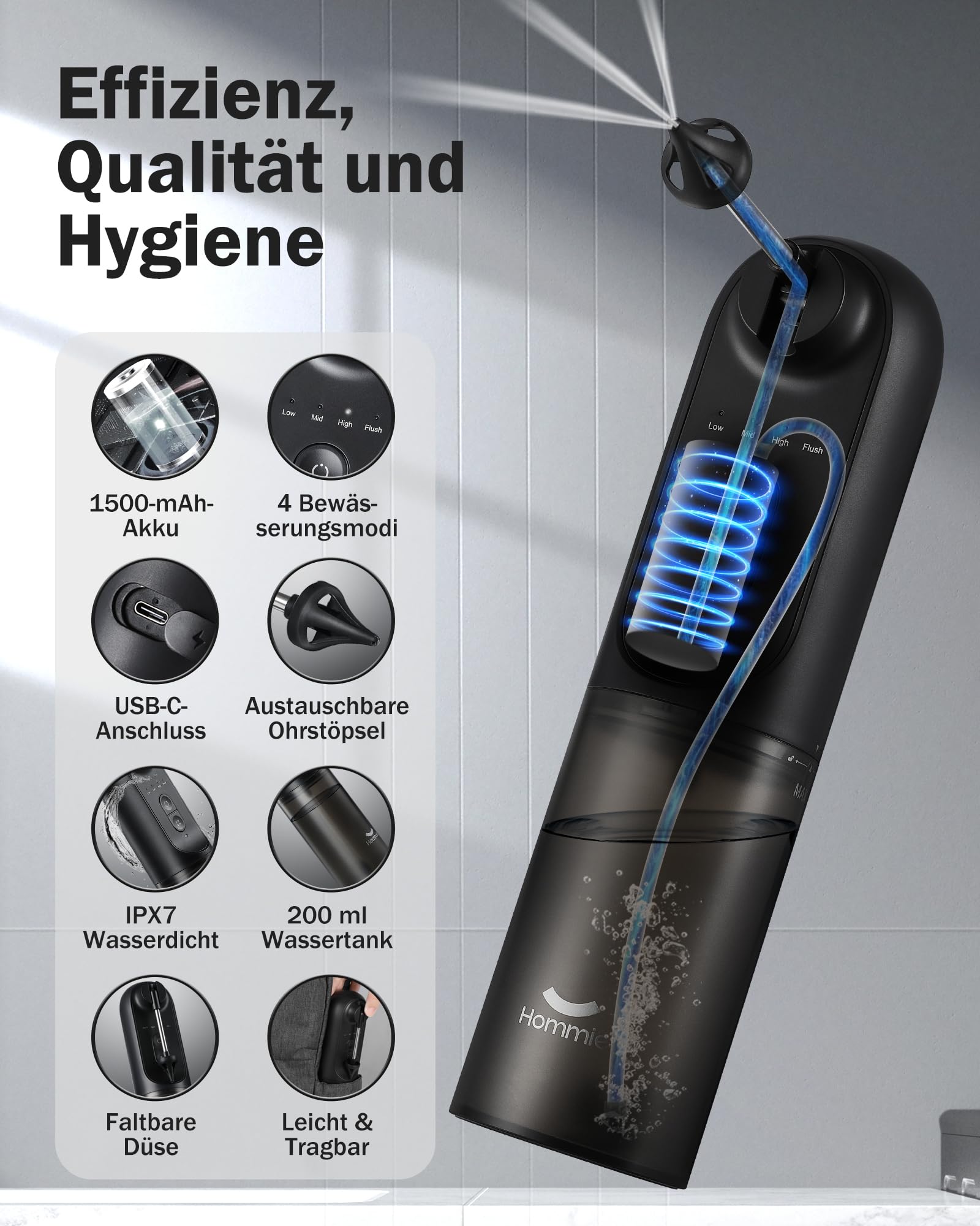 Hommie Ohrenschmalz Entferner, Elektrischer Ohrenreiniger Mit 4 Druckmodi/4 Düsen/Ohrreinigungsset/Becken,IPX7 Wasserdicht für Erwachsene Kind Ohrdusche