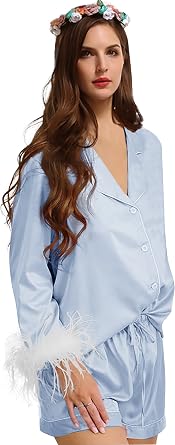 WJing Yi Jia Feather Pyjamas For Women Silk Satin Pyjama Set With Shorts Womens 2pc Pj Sets Bridesmaid Bride Pj Set Bridal Button Down Sleepwear Wedding Pajamas Loungewear