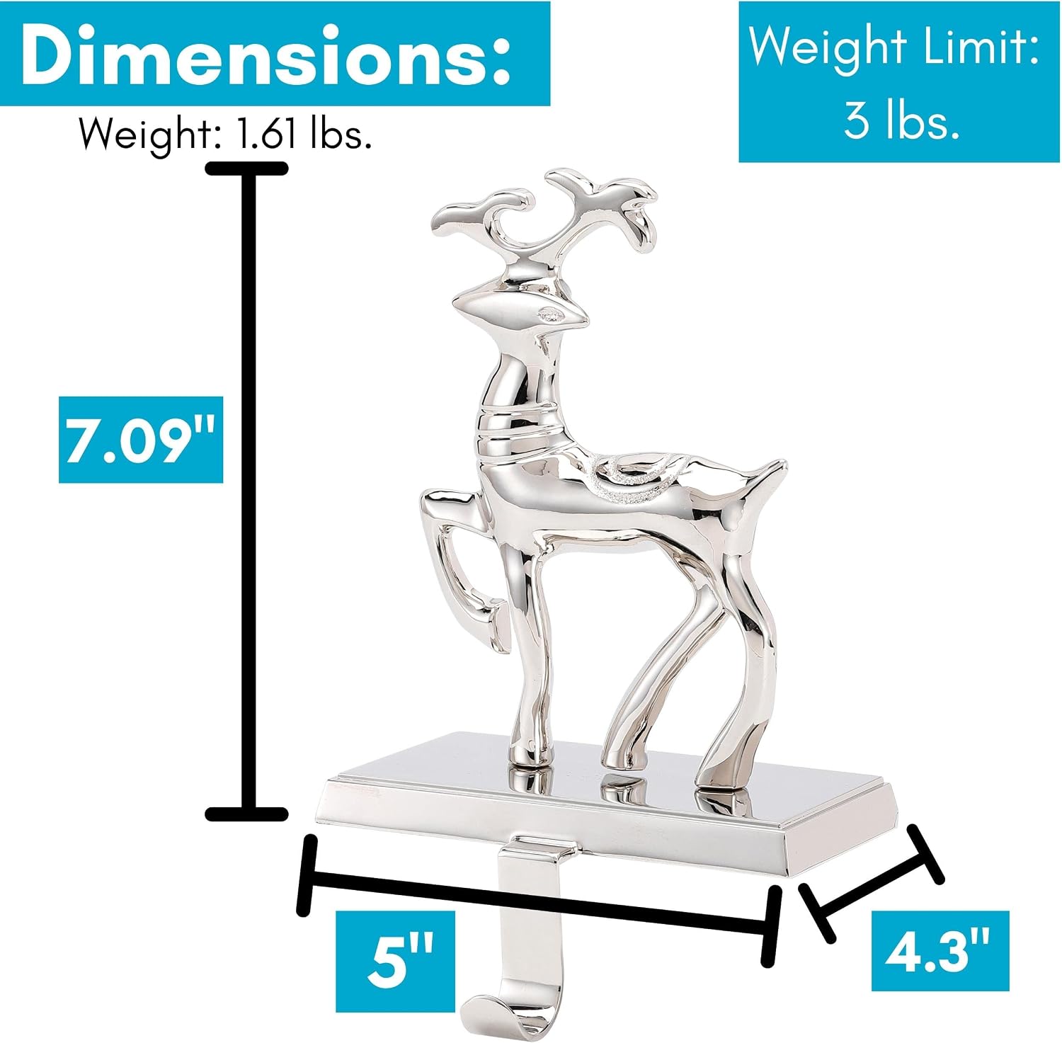 BIRDROCK HOME Reindeer Stocking Holder | Chrome Finish with Non-Scratch Base | 1.6 lbs, 7” High x 5” Wide | 3 lbs. Weight Limit | Fireplace Mantle for Christmas Stockings