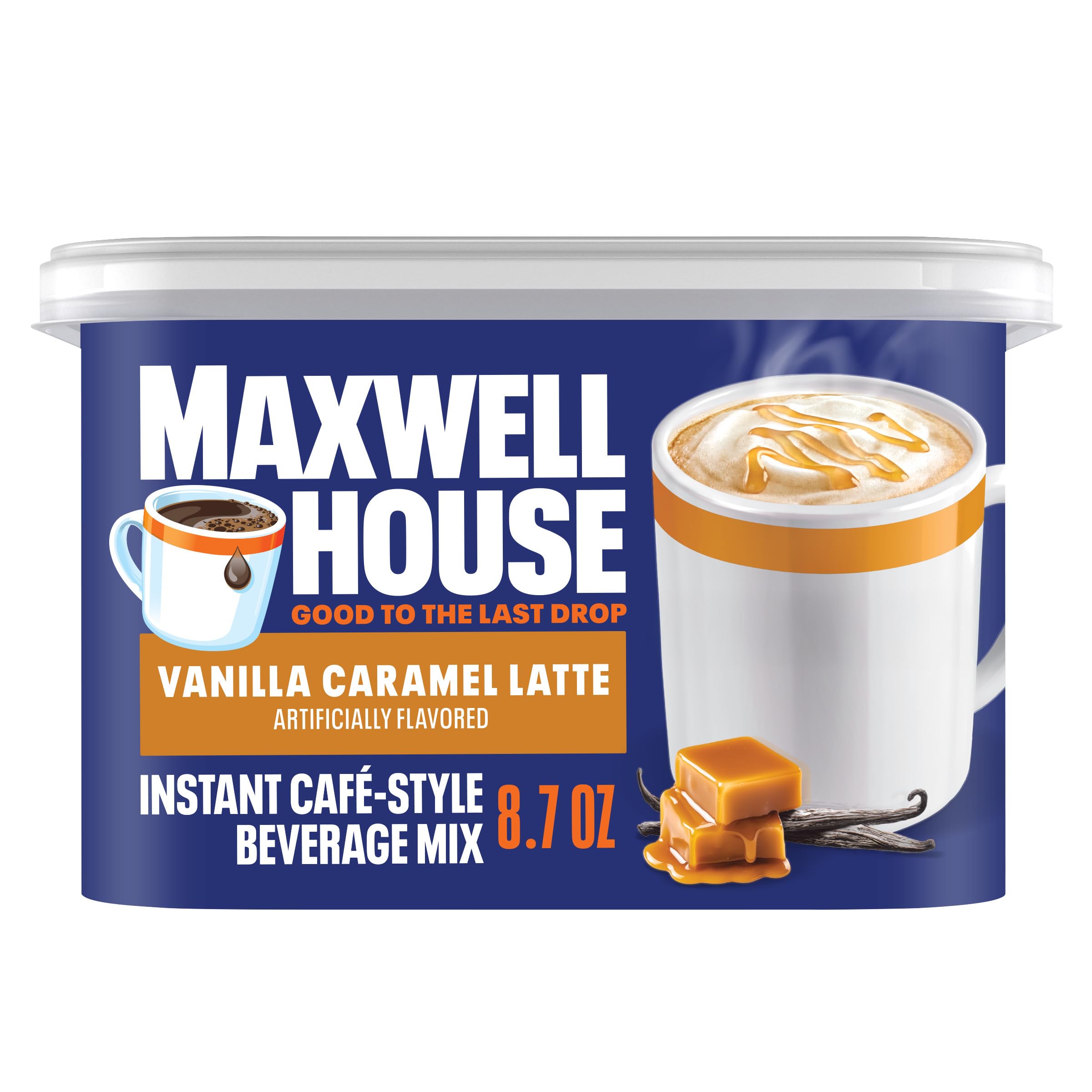 MAXWELL HOUSEInstant Cafe-Style Beverage Mix, Easy to Prepare, 1 Canister, for Quick Morning Coffee or Afternoon Treat, Vanilla Caramel Latte, Kosher Dairy, 8.7 oz