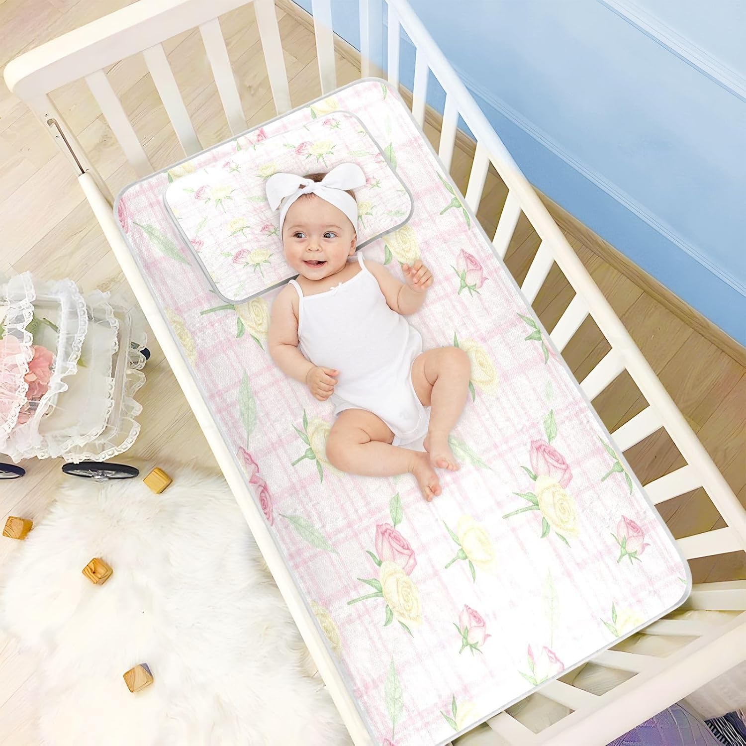 Cooling Baby Bed Mattress Protector 28" x 52" Breathable Pink Hawaiian Rose Checkered Bed Pads for Kids for Kids, Adult