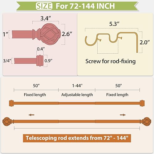 Miniatura 7 de KAMANINA Barra de cortina doble de 1 pulgada de 72 a 144 pulgadas (6-12 pies), barras de cortina negras para ventanas de 66 a 120 pulgadas, barras