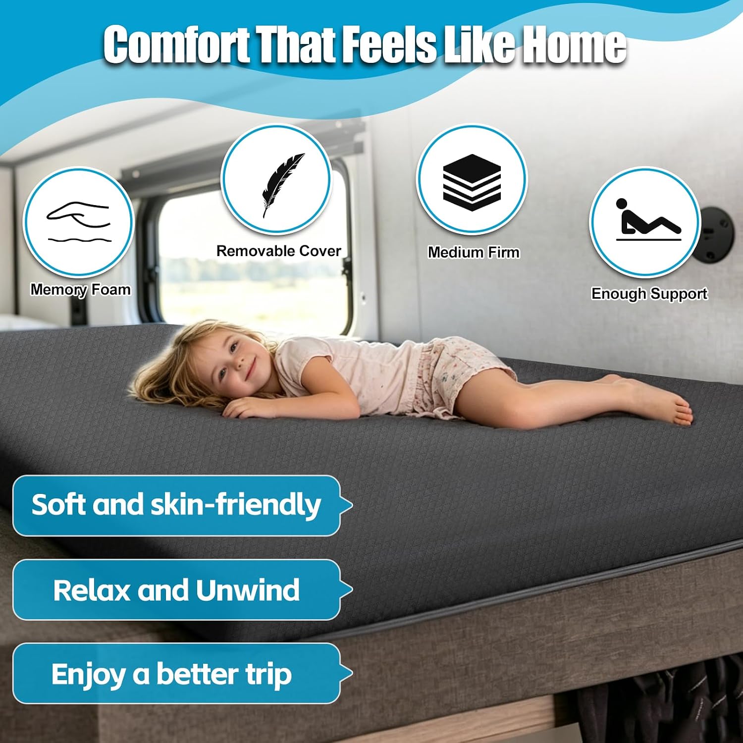 RV Corner Angle Cut Bunk Mattress, 3.2" Thick Memory Foam, Medium Firm, 21" Corner Angle, 73" x 50", Remove Cover, for Trailers, Camper Vans