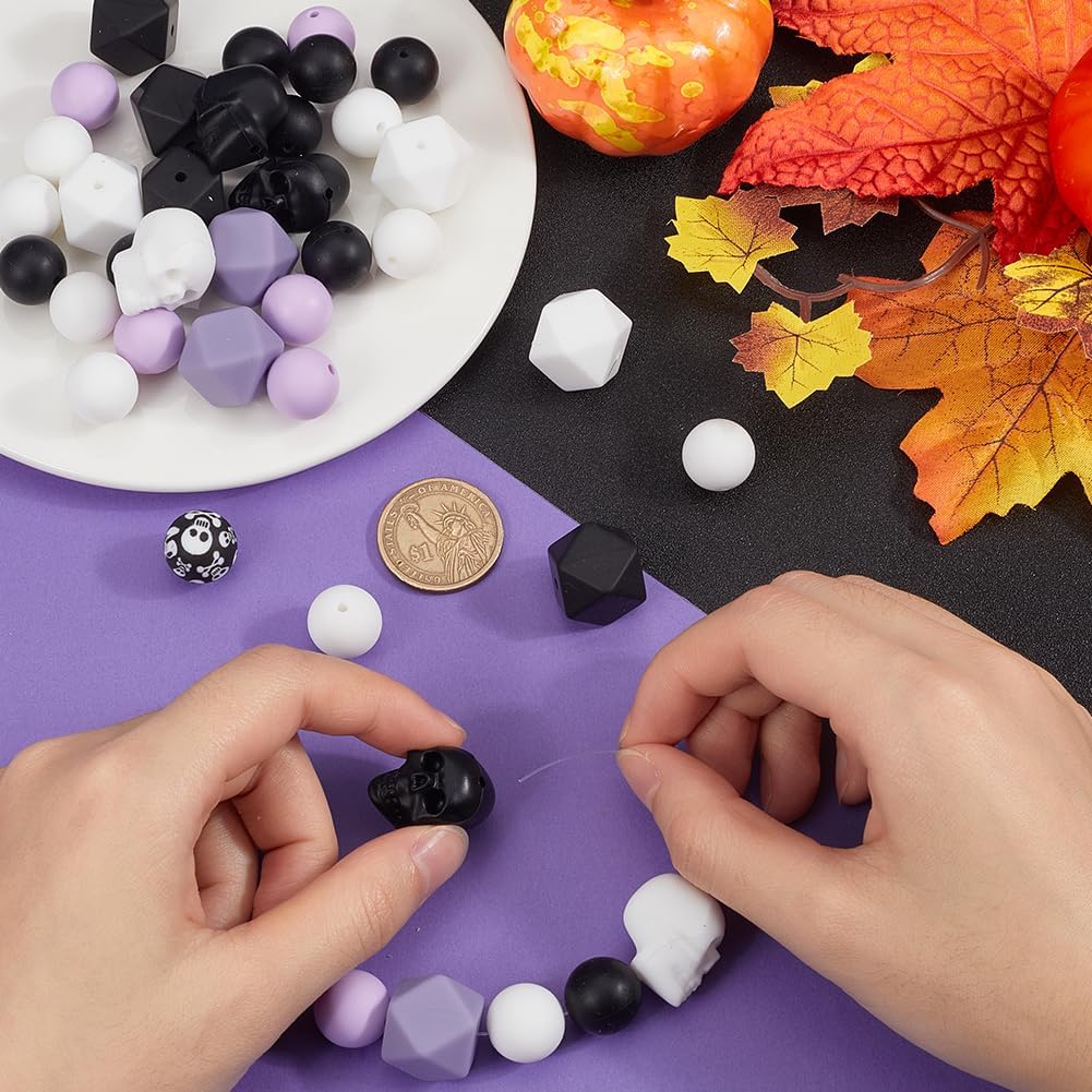 1 Box 71Pcs Halloween Silicone Beads Skull 15mm Purple Black White Holiday Silicone Focal Beads Skeleton Assorted Rubber Beads for Jewelry Making Supplies DIY Bracelet Lanyard Beaded Pens