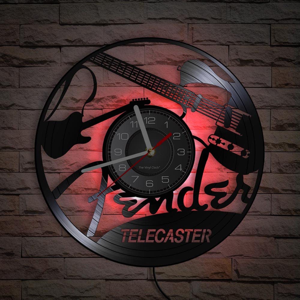 Orologio da parete in vinile, orologio da parete a tema strumento chitarra musicale con luce notturna a LED, è un regalo orologio da parete per gli amici che amano la musica. (sette colori)
