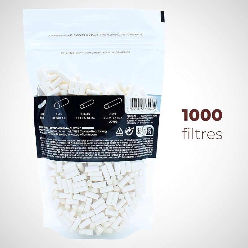 SLOOW Lot de 1000 Filtres Cigarettes Slim, Ø 6 x 15mm, Filtration Optimale, Préservation des Saveurs, Fabrication Européenne, Qualité Premium, Compatible Tous Papiers et Feuilles à Rouler, 41682024