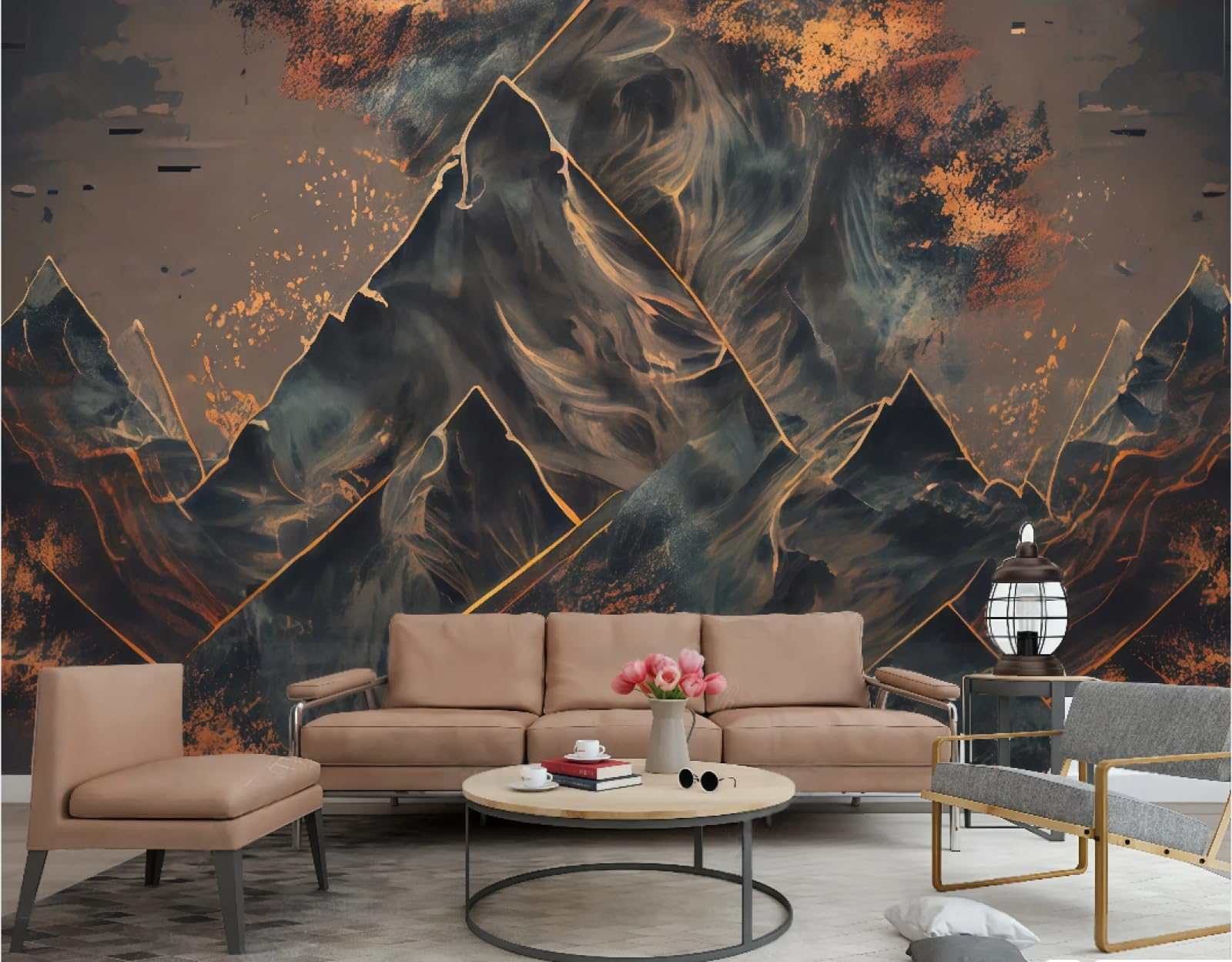 Tapeta nowoczesny abstrakcyjny krajobraz górski malarstwo pomarańczowy sofa tło TV fototapeta salon restauracja kawiarnia fototapeta, 3D, 150 x 105 cm
