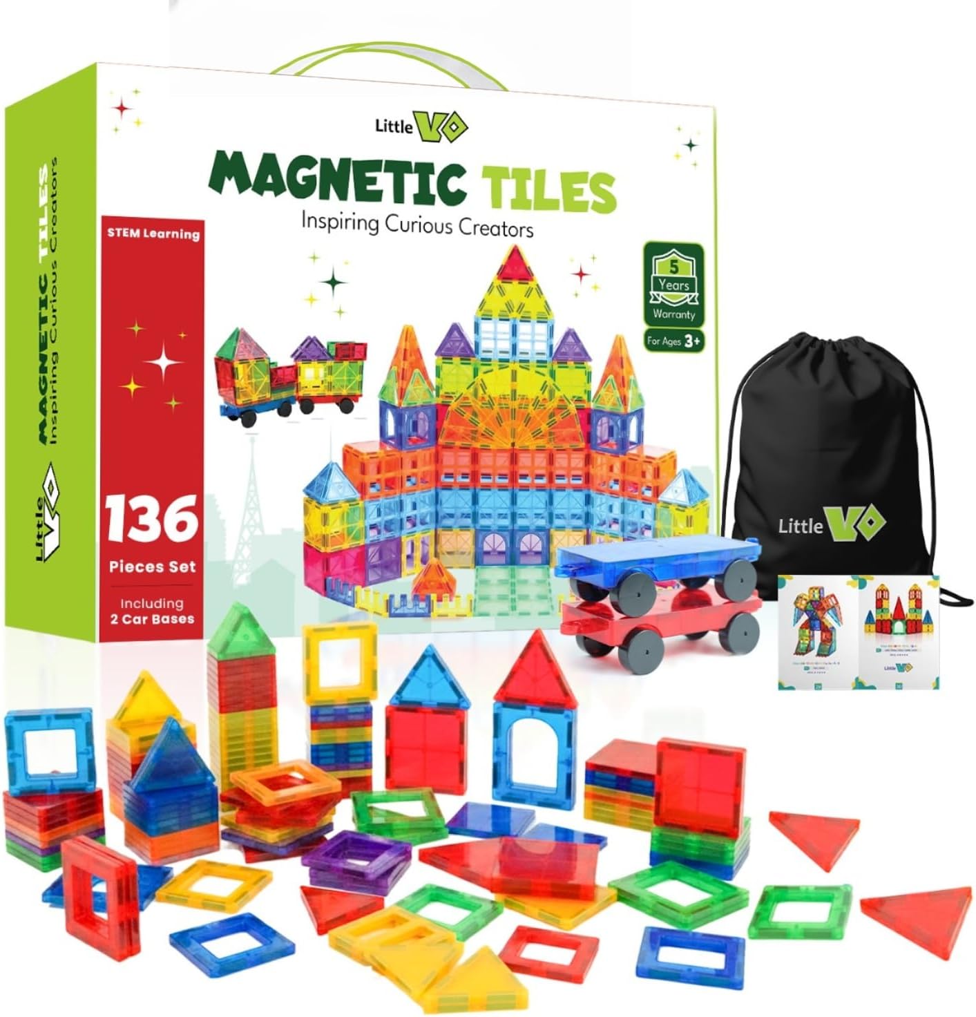 Magnet Tiles for Kids 136 PCS with 2 Cars Bases, STEM Magnetic Tiles for Toddlers, Educational Learning Toys for Ages 3-12, Magnetic Building Tiles for Preschool, Creative Play Set for Kids
