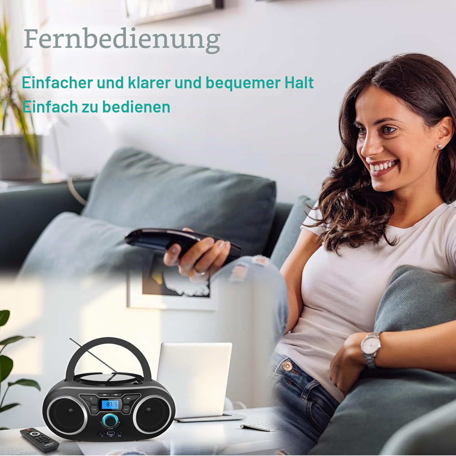 Tragbares CD Radio (CD-Player, Boomboxen, UKW Radio, USB, Batterie/Netzbetrieb, Kopfhöreranschluss, AUX-In, 2x2 W),CD Spieler für Hause oder draußen