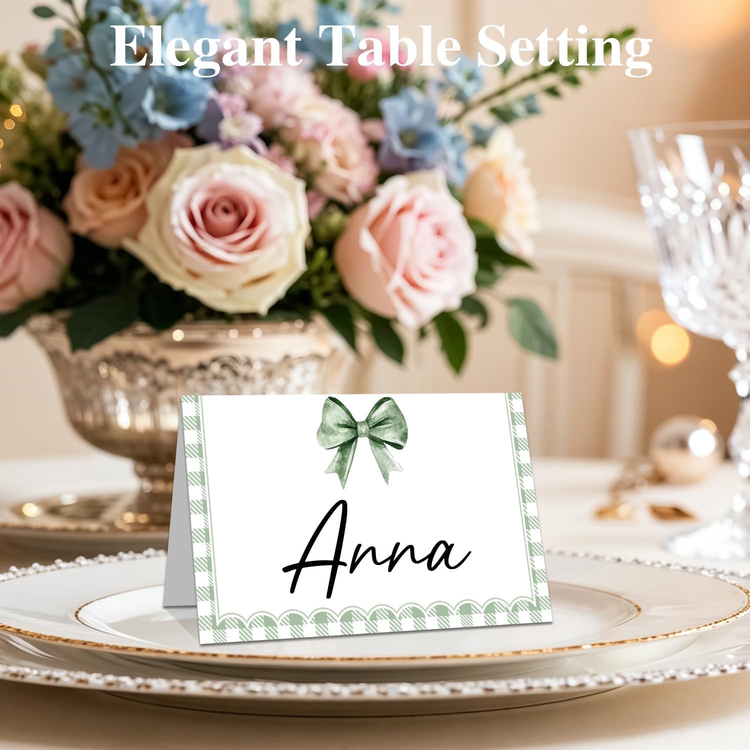 25Pcs Sage Green Bow Place Cards for Table Setting, Green Gingham Tented Name Card, Seating Cards for Wedding Bridal Shower Birthday Party Banquet Dinner, 2.1 x 3.5 Inch (Folded) -04
