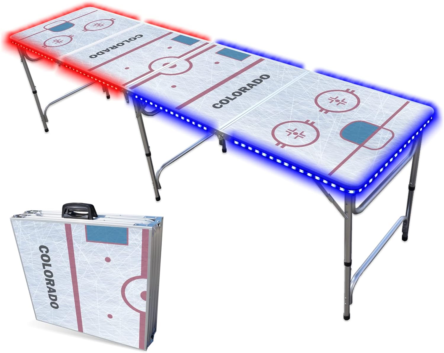 PARTYPONG 8-Foot Folding Portable Pong Table w/Optional Cup Holes & LED Lights - Colorado Hockey Rink (Choose Your Model)