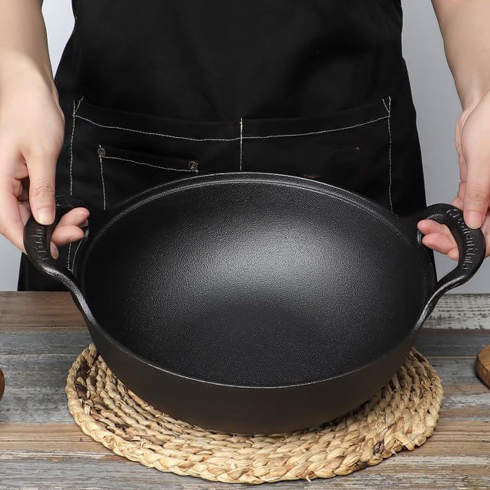 Wok aus Gusseisen mit Doppelgriff und Glasdeckel, Geschenk Antihaft Grillpfanne, Küchen Cookare Topf, Bratpfannen Backen, Grillen und Sautieren