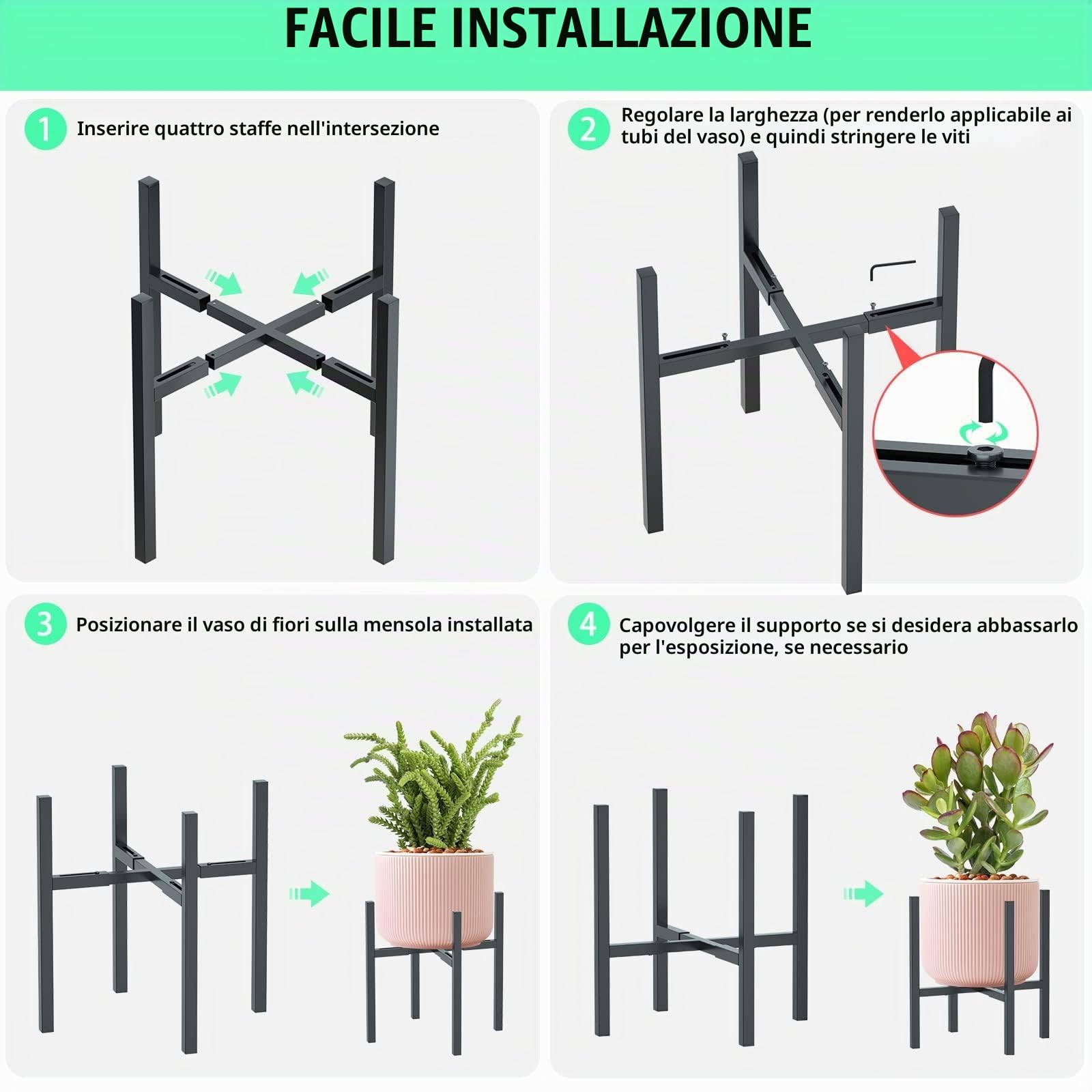 Urban Deco 1 supporto per piante regolabile in metallo, adatto per vasi da 20-35 cm, nero