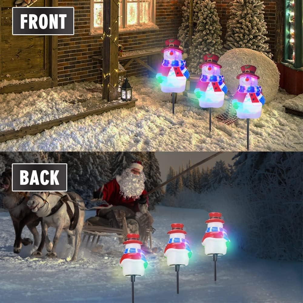 Christmas Pathway Lights Outdoor Decoration with Rotating Light Cute 3D 3-in-1 Snowman Walkway Light Waterproof Snowproof Christmas Garden Stakes Landscape Lights for Indoor, Outdoor, Yard, Patio
